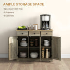 Kitchen Storage Cabinet, Sideboard Floor Cupboard with Solid Wood Top, Adjustable Shelf, and 3 Drawers, Distressed Gray