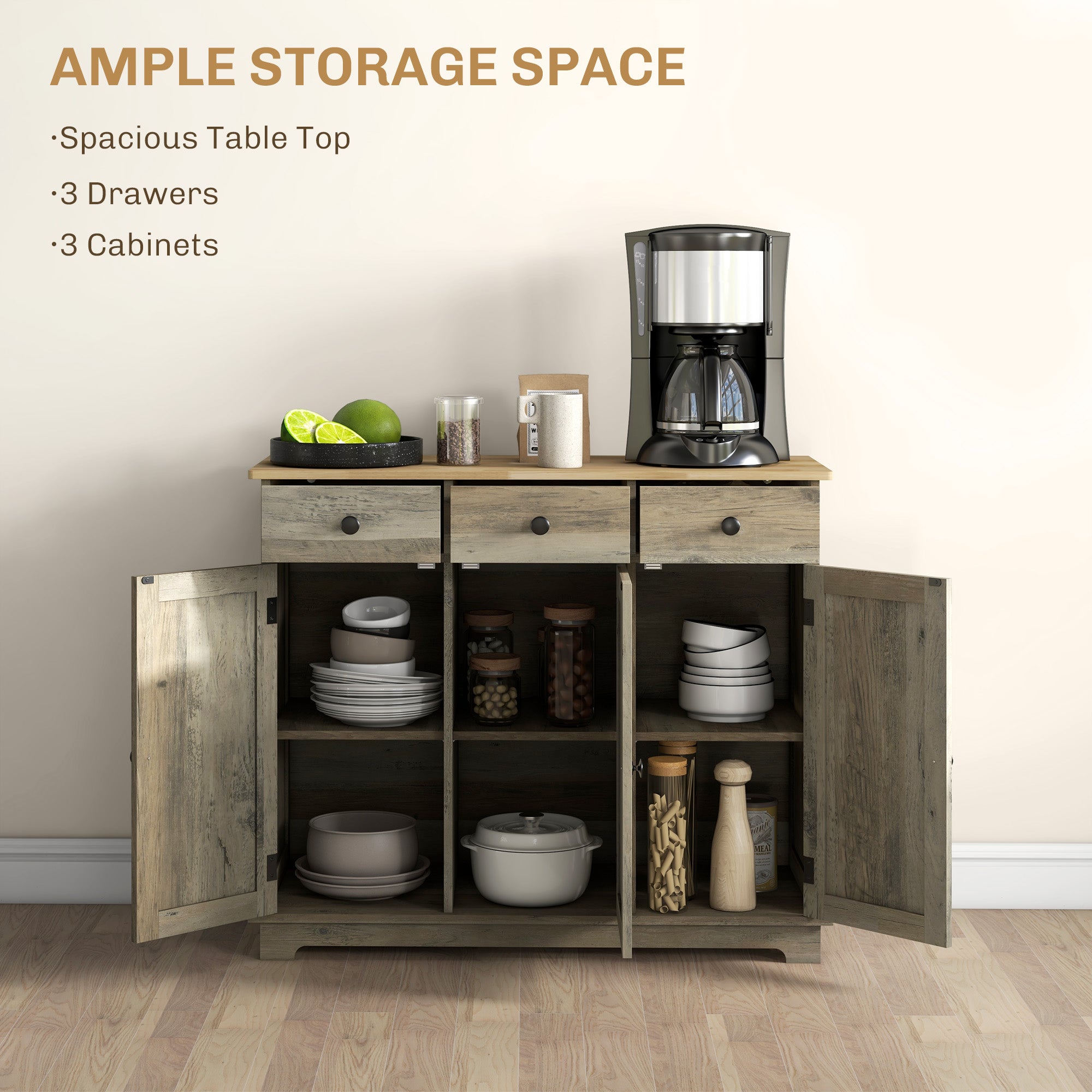 Kitchen Storage Cabinet, Sideboard Floor Cupboard with Solid Wood Top, Adjustable Shelf, and 3 Drawers, Distressed Gray