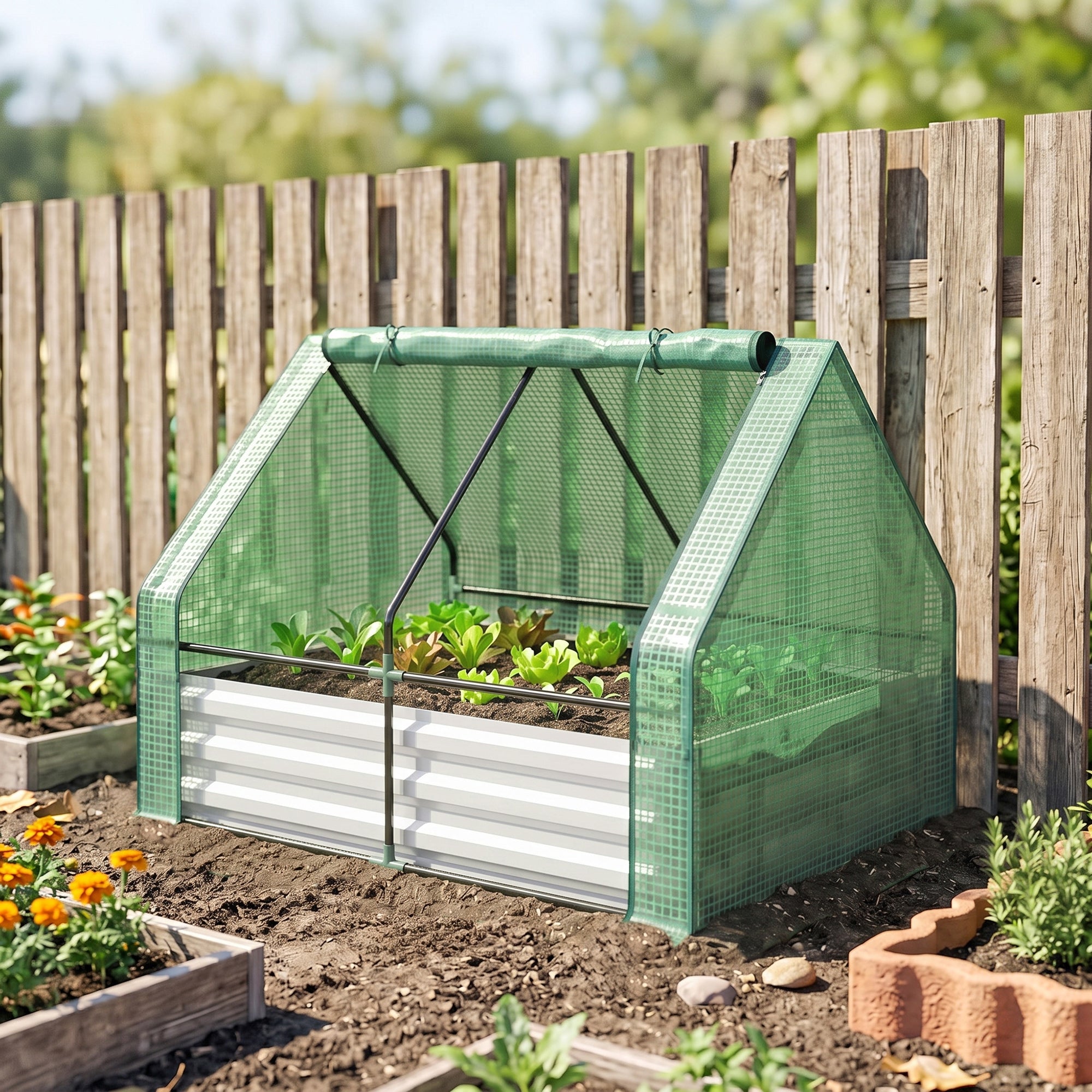 4 x 3ft Metal Planter Box with Mini Greenhouse, Galvanized Raised Garden Bed with Cover for Herbs and Vegetables, Small Greenhouse for Patio Garden Balcony, Green and Gray