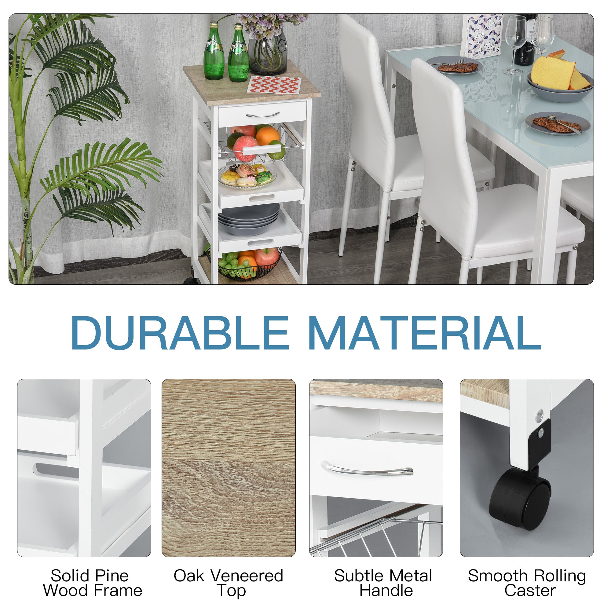 Mobile Kitchen Cart, Rolling Kitchen Island with Storage, Utility Cart with Wire Fruit Baskets, Trays and Drawer, White