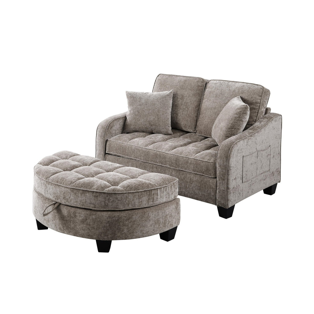 2-Seater Sofa Chaise Lounge with Irregular Curved Armrests, Ergonomic Backrest, Footrest with 2 Throw Pillows, 42.5" L x 32.5" W x 36.5" H, Brown