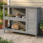54" 2-Story Large Rabbit Hutch Bunny Cage Wooden Pet House Small Animal Habitat Lockable Doors, Tray, Roof, Gray