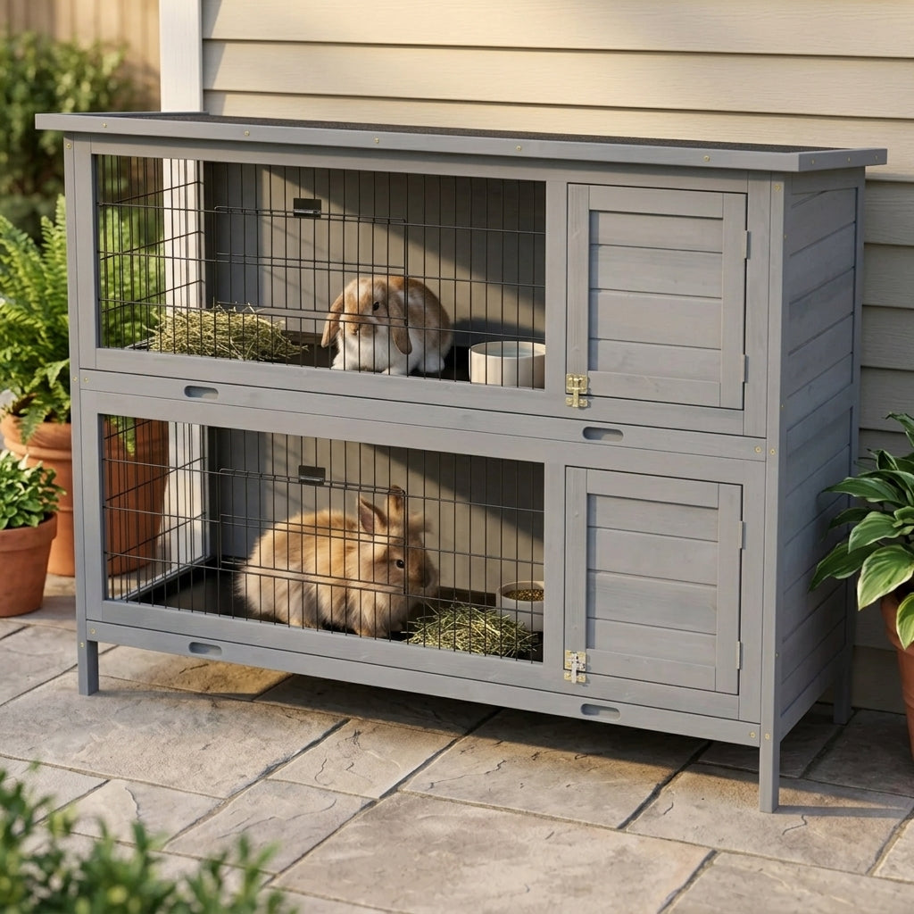 54" 2-Story Large Rabbit Hutch Bunny Cage Wooden Pet House Small Animal Habitat Lockable Doors, Tray, Roof, Gray