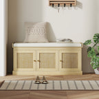 Shoe Storage Bench with Woven Rattan Doors, Shoe Bench with Cushion, Adjustable Shelves, Entryway Bench, Oak Tone