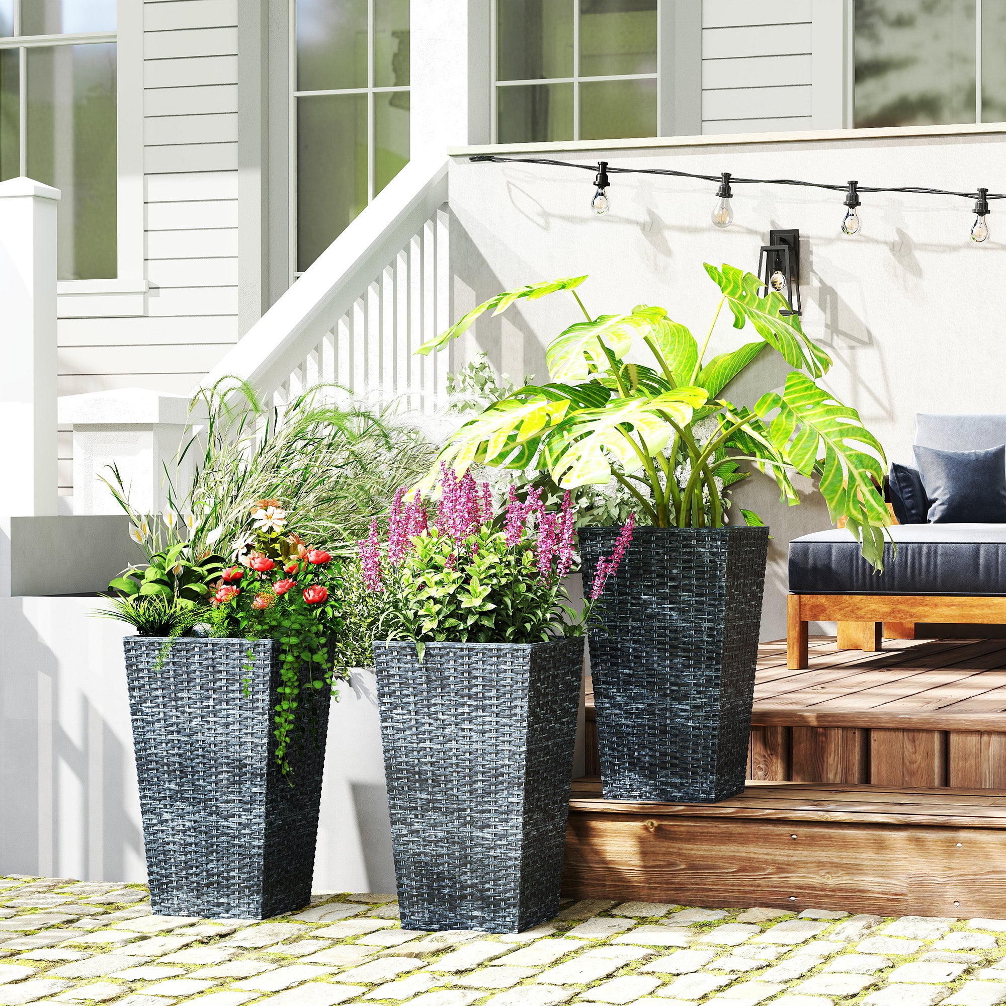 Tall Planters for Outdoor Plants Set of 3, 24 In Taper Planters with Drainage Holes, Rattan Decor Plant Pots for Indoor Outdoor Front Porch Patio Backyard, Gray