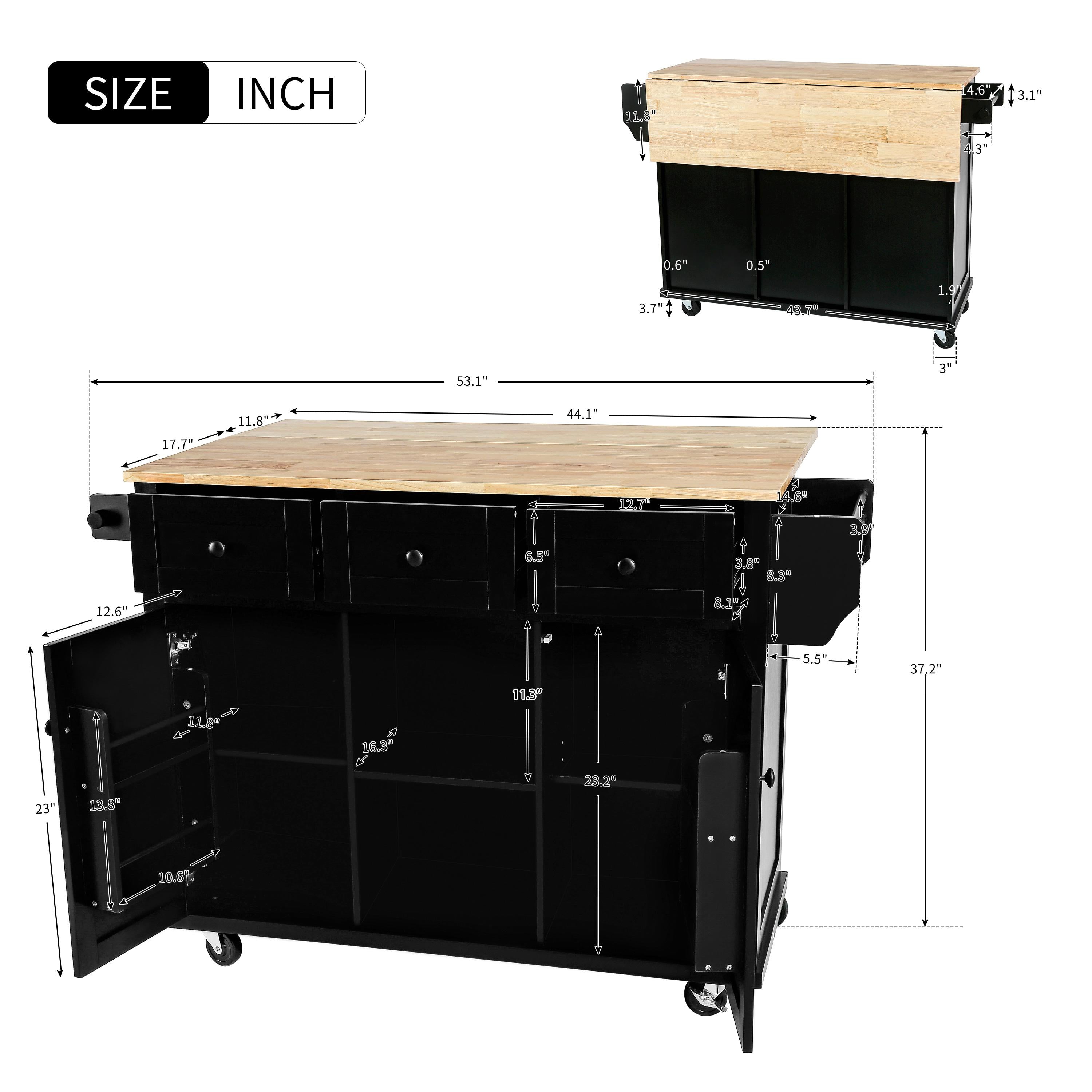 Kitchen Cart with 5 Wheels, 3 Drawers, Storage Cabinets, Central Island with Rubberwood Drop-Leaf Countertop, 53" L x 29.5" W x 37" H, Black