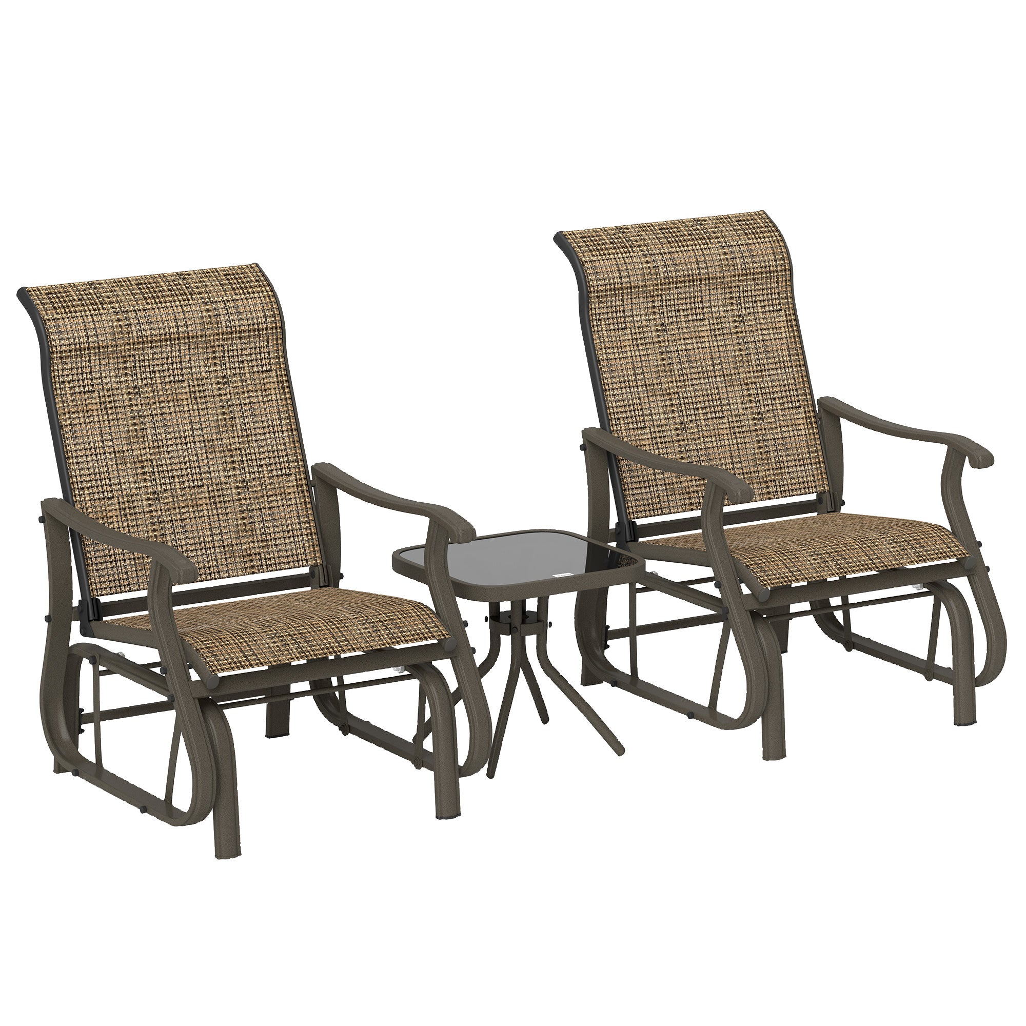 3-Piece Outdoor Gliders Set Bistro Set with Steel Frame, Tempered Glass Top Table for Patio, Garden, Light Mixed Brown