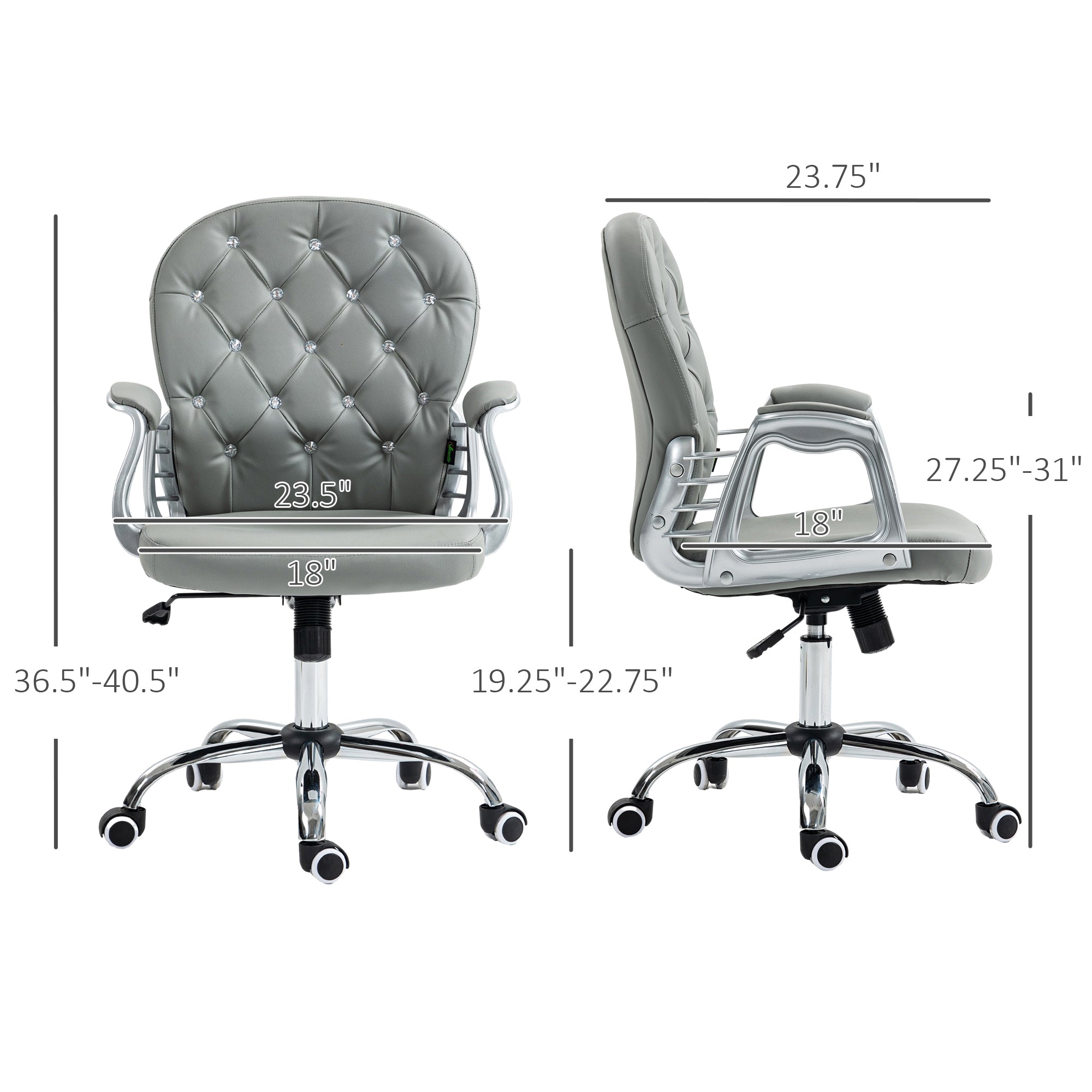 Button Tufted Desk Chair, Home Office Chair with Padded Armrests, Adjustable Height and Swivel Wheels, Gray