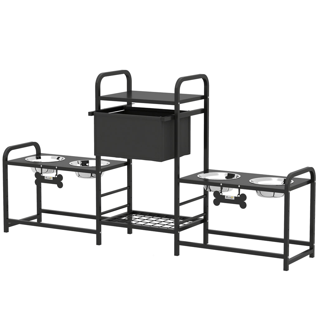3 Height Adjustable Dog Bowl Stand with 2 Feeding Stations, Toy Bin Basket, Black