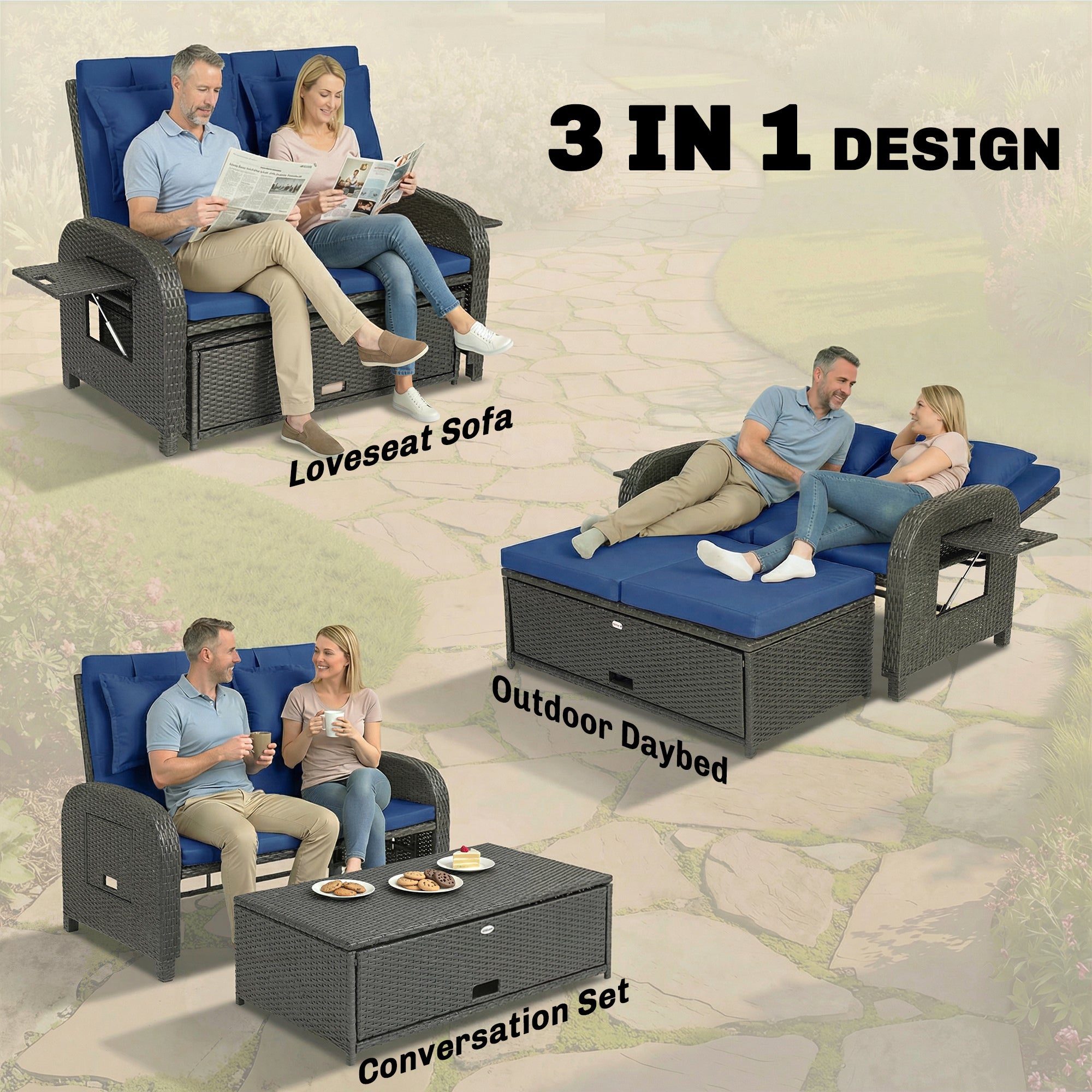 Patio Rattan Daybed, Wicker Outdoor Daybed with Storage Ottoman, Loveseat w/ Adjustable Backrest, Navy Blue