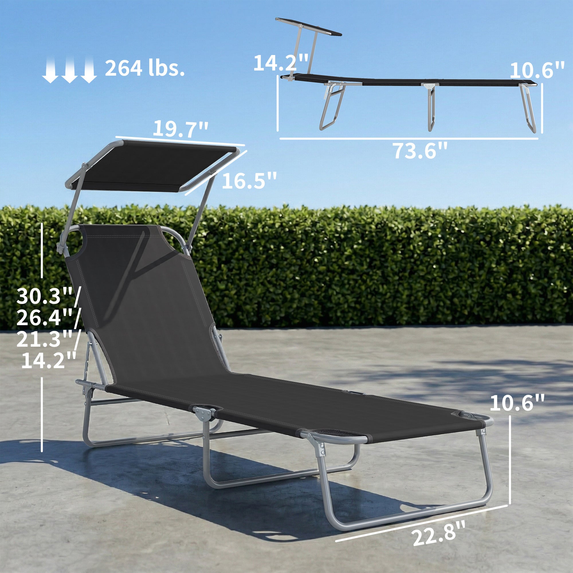Outdoor Pool Chaise Lounge Chair, Folding Tanning Chair with Sun Shade, Black