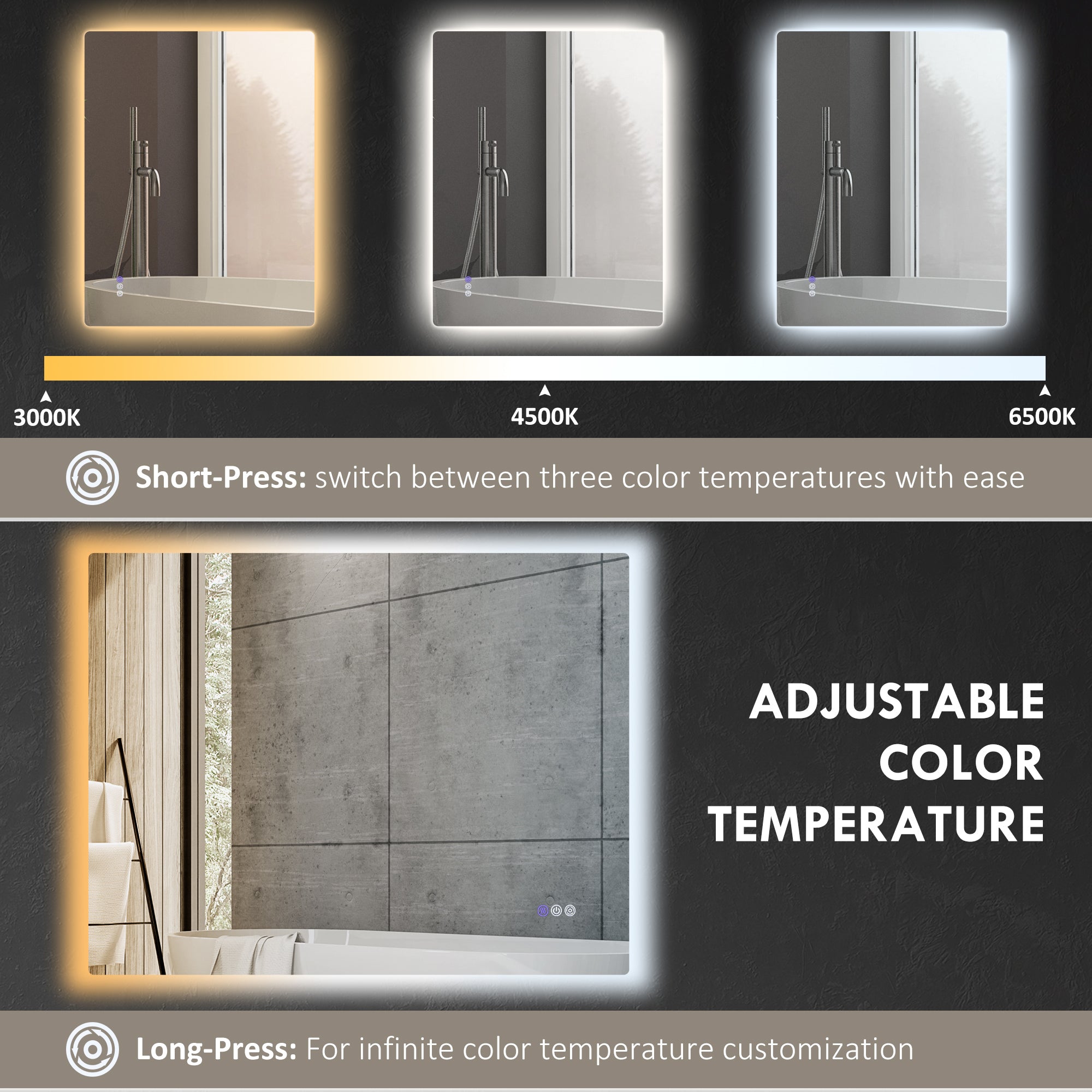 Dimmable Bathroom Mirror with Lights, 37" x 35" Backlit LED Mirror w/ Anti-Fog, Memory & Infinite Color Temperature