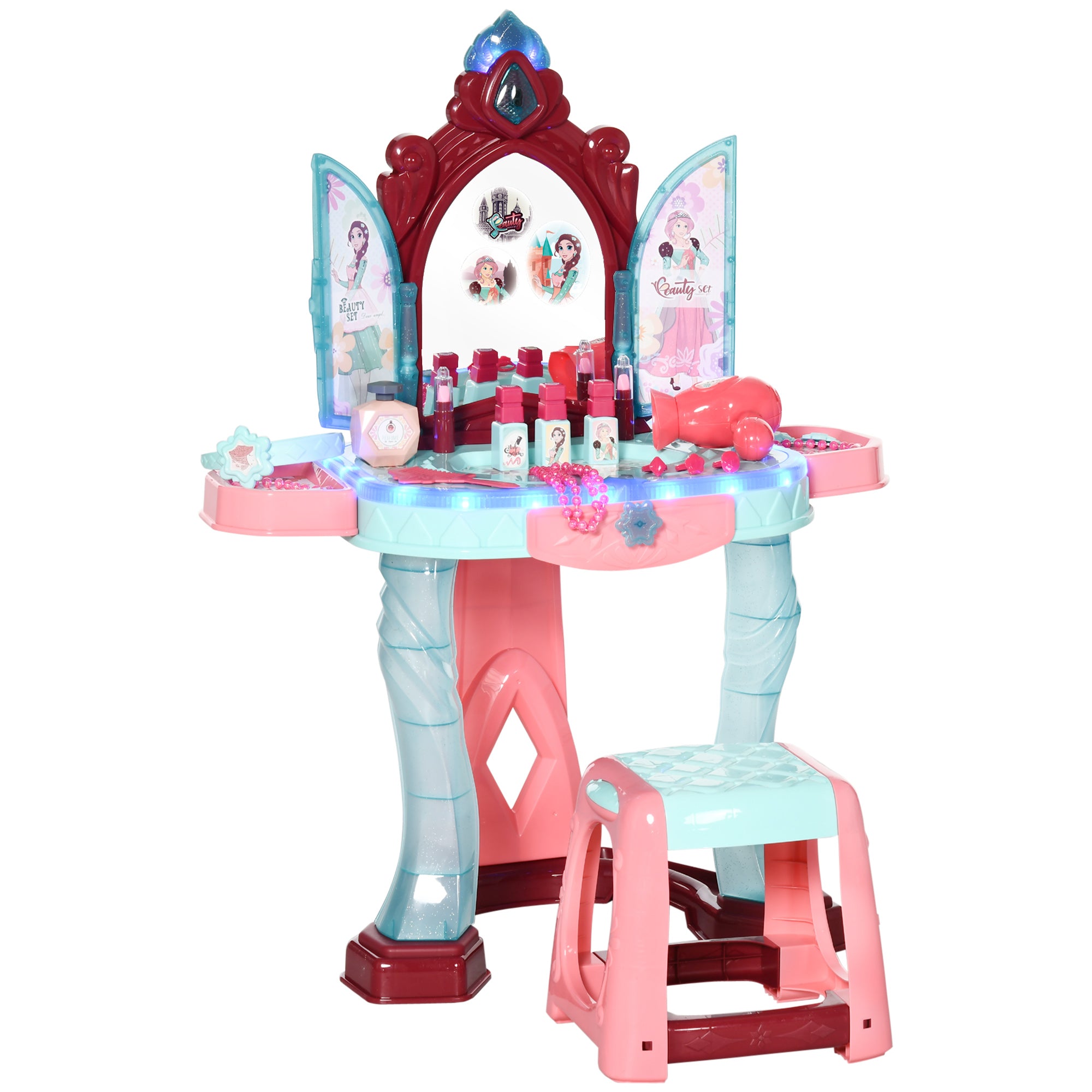 Kids Vanity Set with Self-Opening Magic Mirror, Princess Makeup Vanity Table Set with Music, Tabletop with Lights, Imaginative Toy for 3-6 Years Old Child