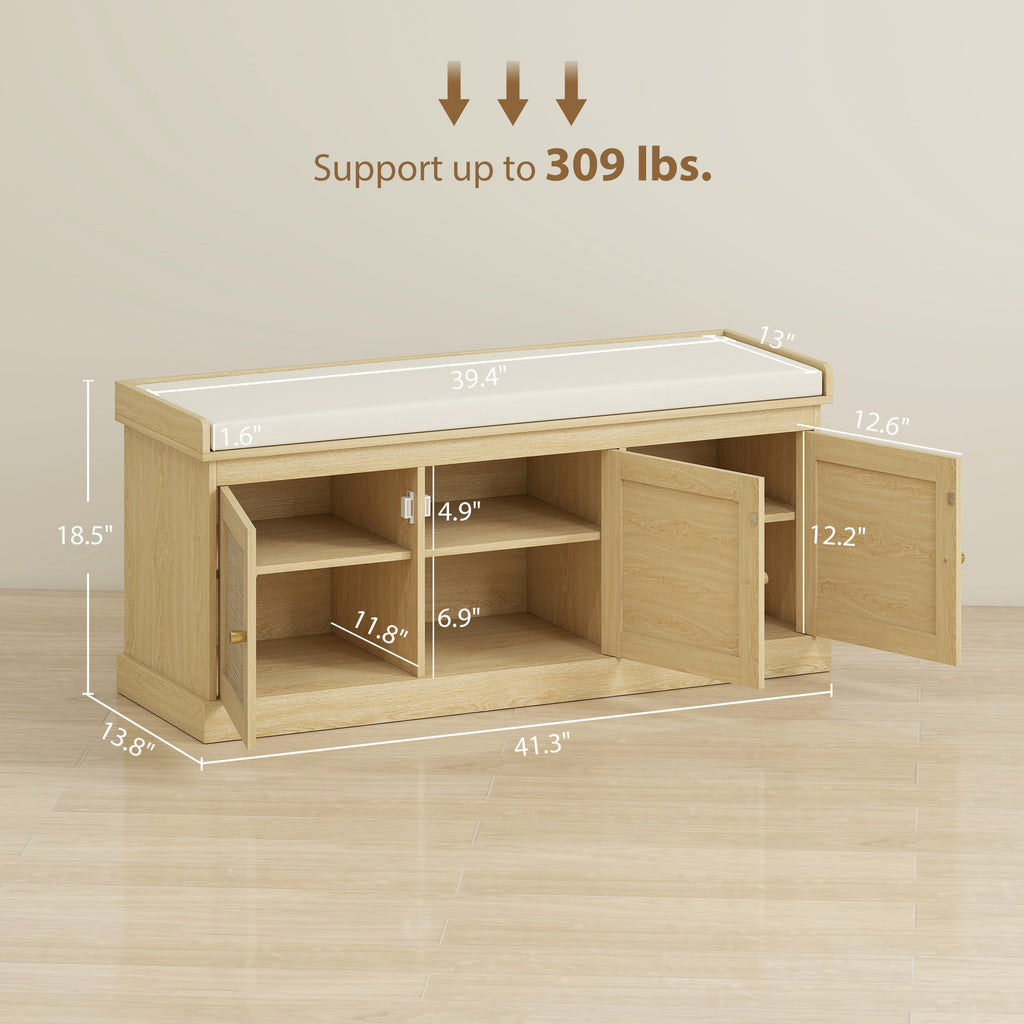 Shoe Storage Bench with Woven Rattan Doors, Shoe Bench with Cushion, Adjustable Shelves, Entryway Bench, Oak Tone