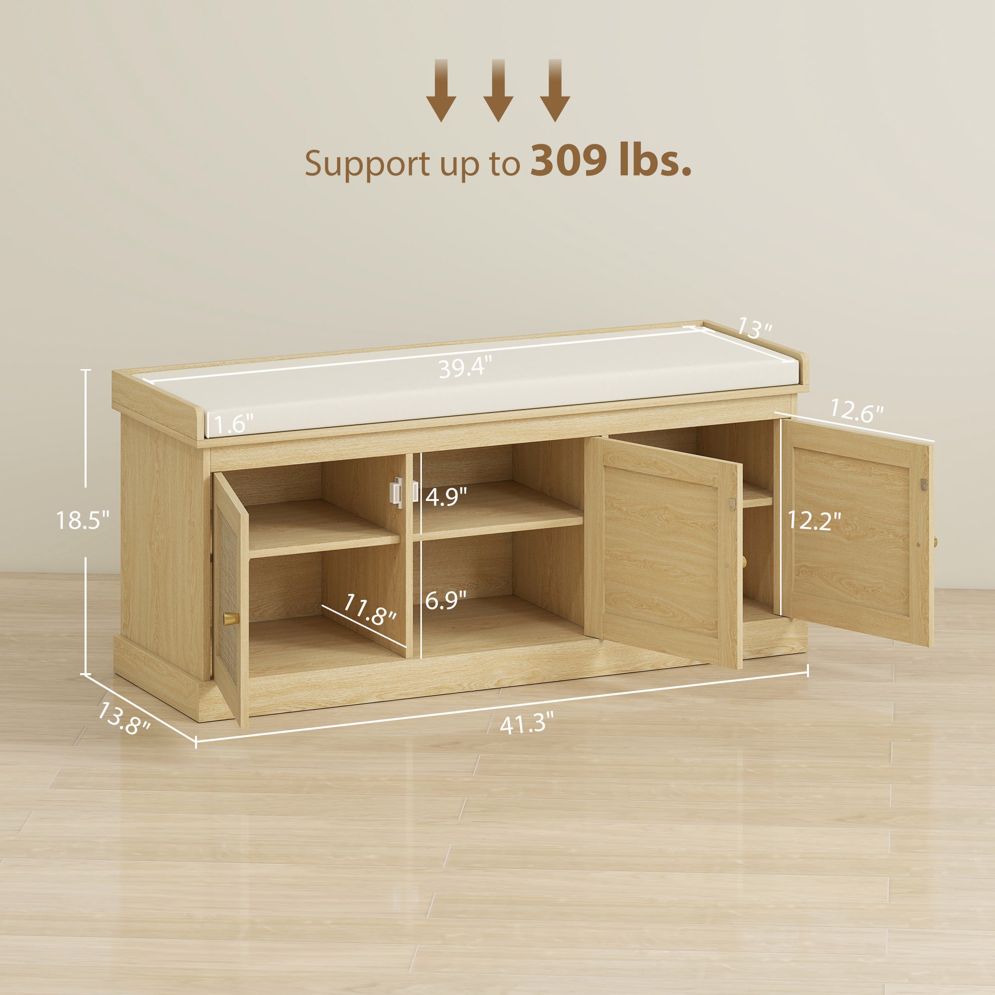 Shoe Storage Bench with Woven Rattan Doors, Shoe Bench with Cushion, Adjustable Shelves, Entryway Bench, Oak Tone