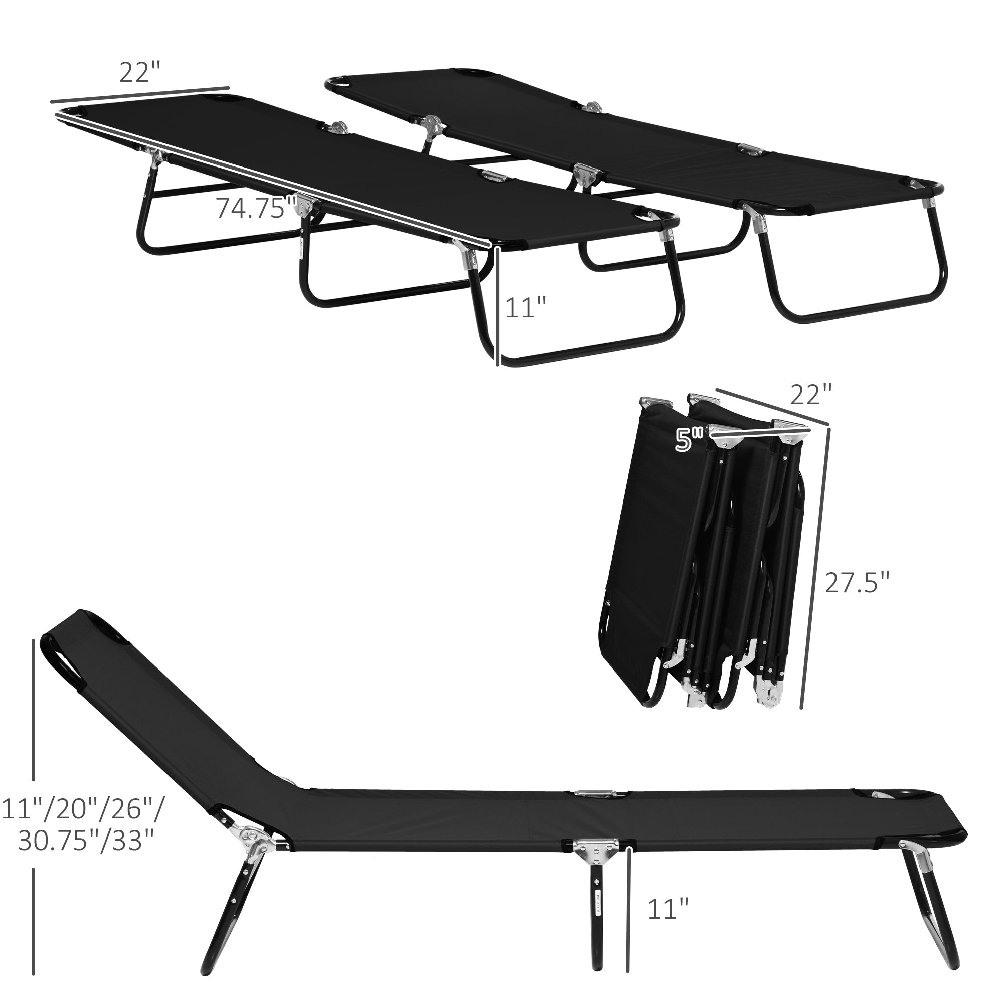 2 Piece Folding Chaise Lounge Pool Chairs, Outdoor Sun Tanning Chairs with 5-Level Reclining Back, Steel Frame for Beach, Yard, Patio, Black