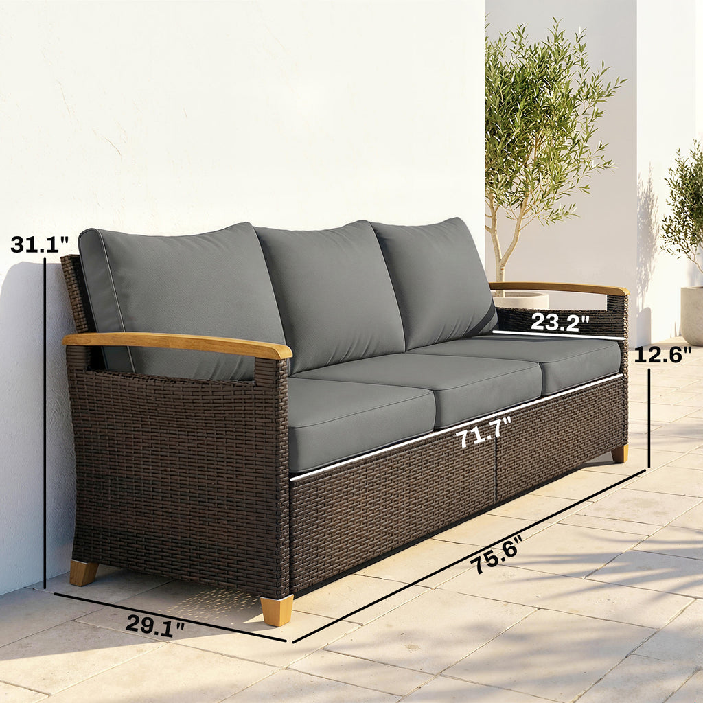 3 Seater Outdoor Couch Sofa, PE Wicker Patio Sofa, Wide Deep Seat, 4" Cushions, Wood-Effect Armrests Legs, Gray