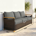 3 Seater Outdoor Couch Sofa, PE Wicker Patio Sofa, Wide Deep Seat, 4" Cushions, Wood-Effect Armrests Legs, Gray