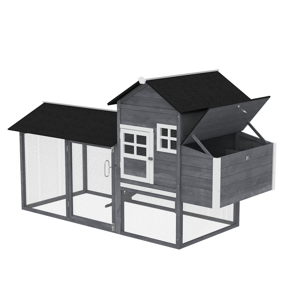 84" Wooden Chicken Coop, Hen House Outdoor with Run Nesting Box, Asphalt Roof, Removable Tray, Ramp, Poultry Cage for 2-3 Chickens, Gray