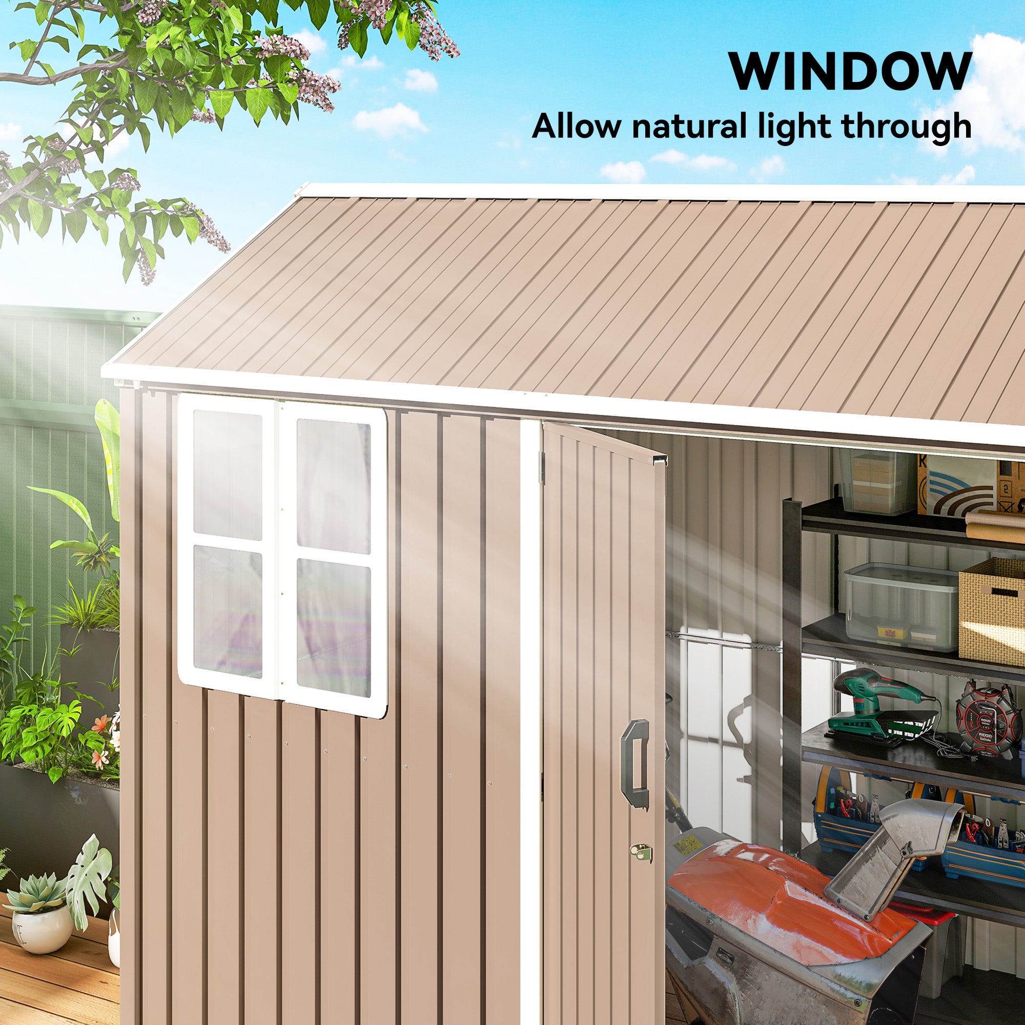 8' x 6' Metal Garden Storage Shed, Extra Large Outdoor Tool Storage House w/ Doors, Window and Air Vents, Brown