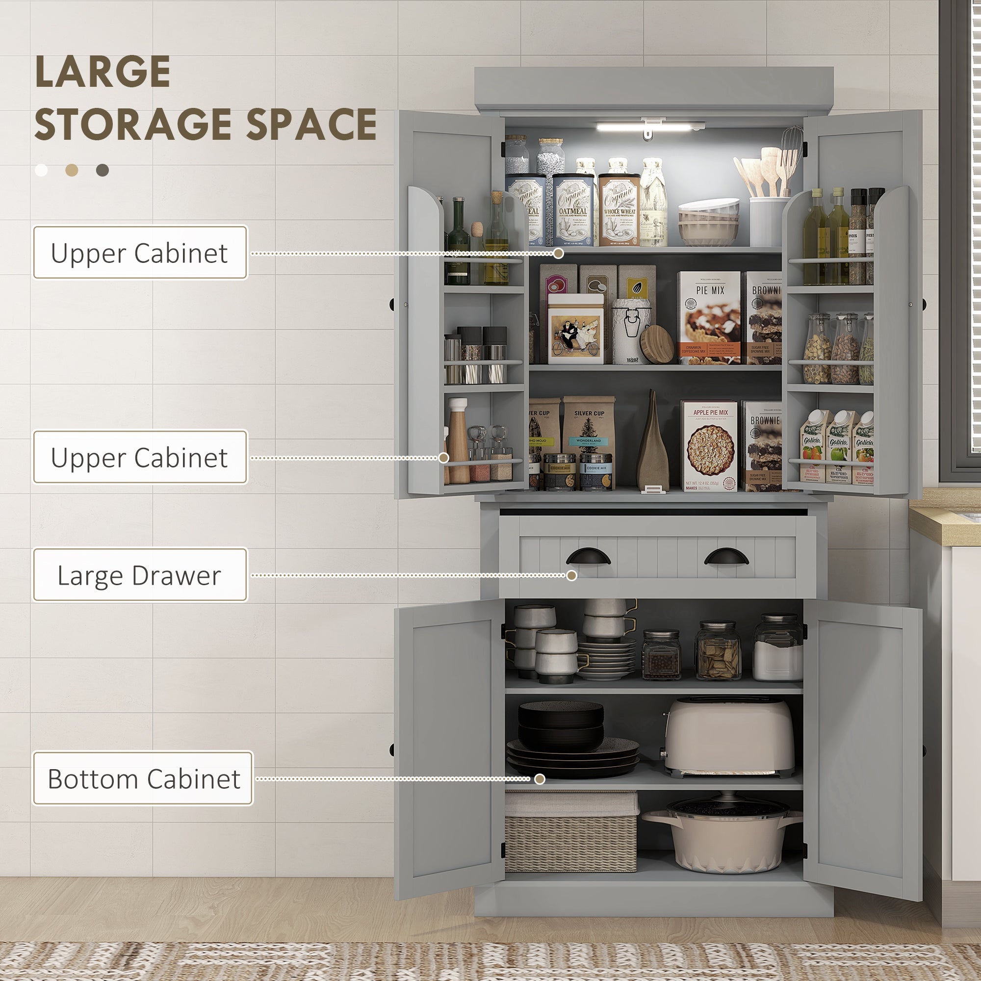 71" Kitchen Pantry Cabinet with LED Lights, 6 Door Shelves, a Drawer and 4 Adjustable Shelves, Gray