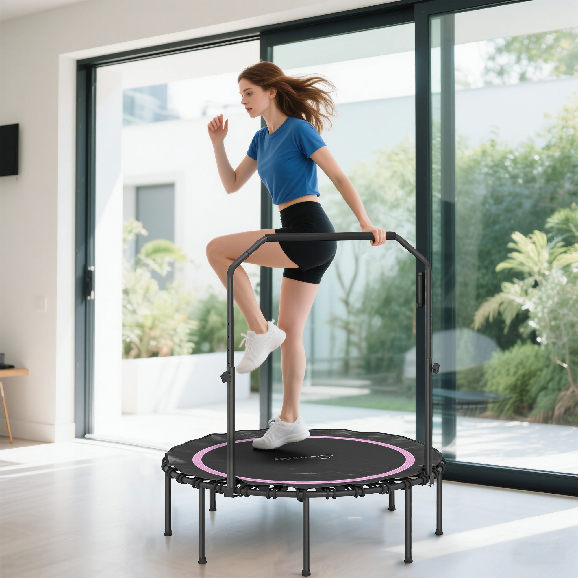 45" Rebounder Trampoline for Adults, Foldable Mini Trampoline with Adjustable Handle Bar for Indoor Outdoor, Pink
