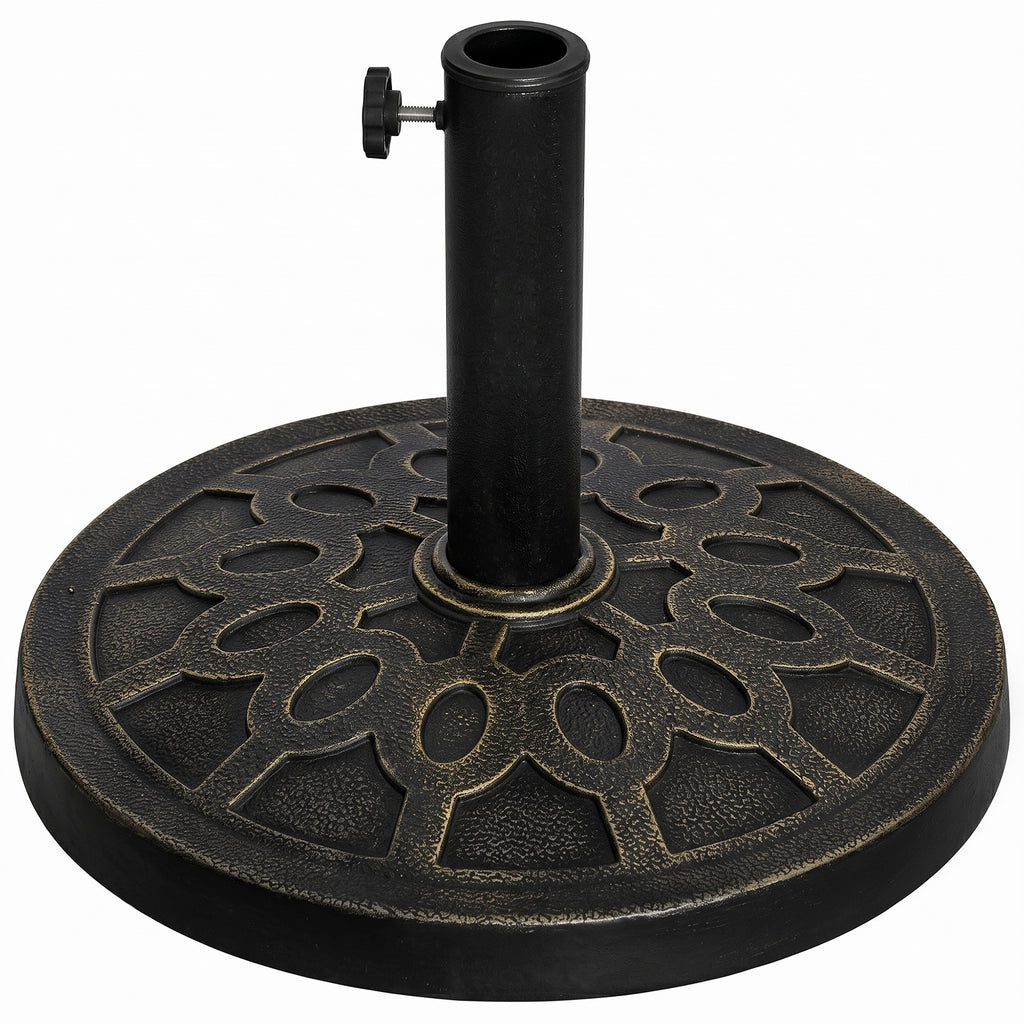18" 26 lbs Round Resin Umbrella Base Stand Market Parasol Holder with Beautiful Decorative Pattern & Easy Setup, for Φ1.5", Φ1.89" Pole, for Lawn, Deck, Backyard, Garden, Bronze