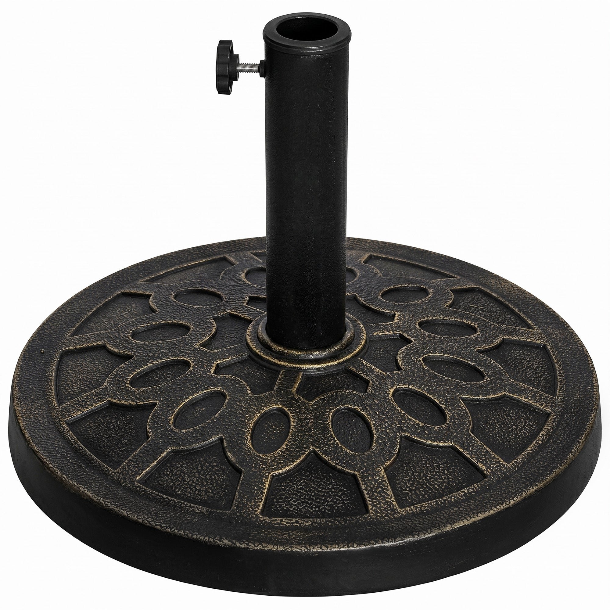 18" 26 lbs Round Resin Umbrella Base Stand Market Parasol Holder with Beautiful Decorative Pattern & Easy Setup, for Φ1.5", Φ1.89" Pole, for Lawn, Deck, Backyard, Garden, Bronze