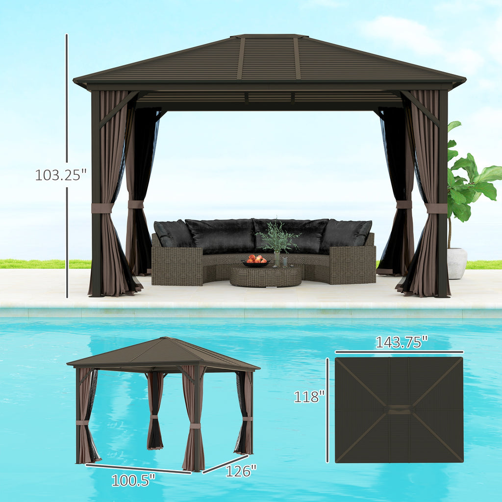 10' x 12' Hardtop Gazebo with Curtains and Netting, Gazebo Canopy with Aluminum Frame and Hooks, Coffee