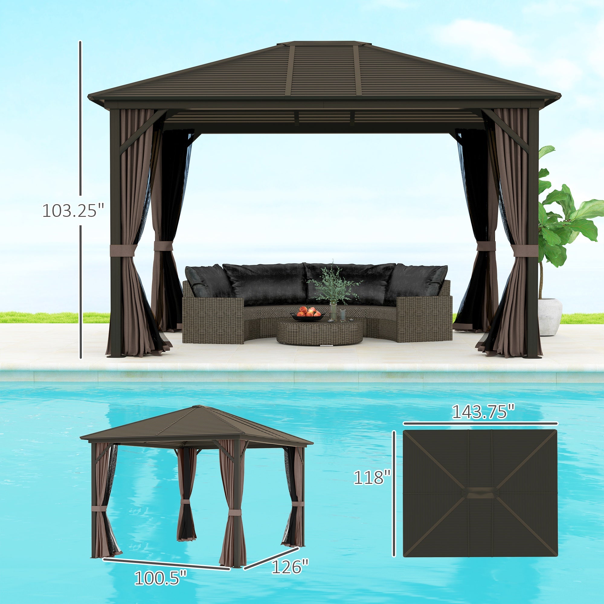10' x 12' Hardtop Gazebo with Curtains and Netting, Gazebo Canopy with Aluminum Frame and Hooks, Coffee