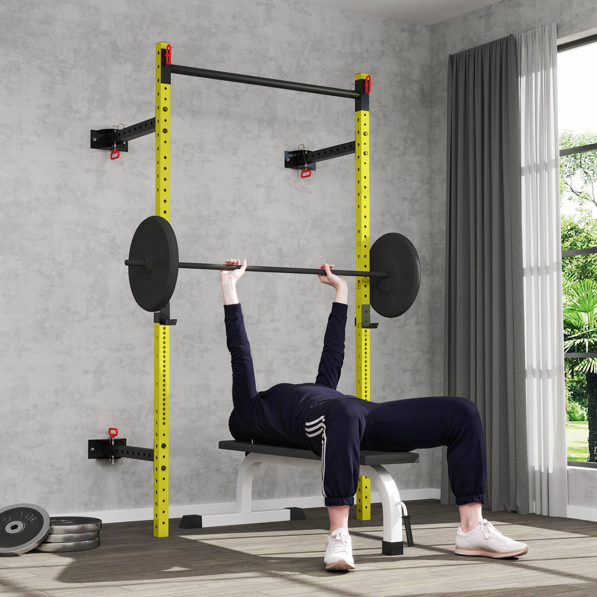Folding Squat Rack with Pull Up Bar, Wall Mounted and Adjustable, 1000 Pounds Capacity Power Rack, Yellow