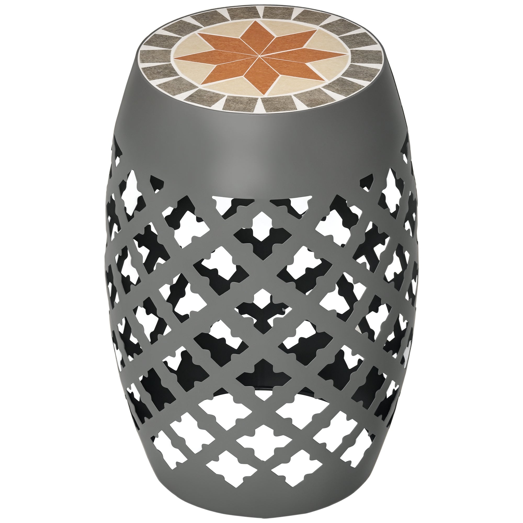 Decorative Outdoor Stool, 12" Round Patio Side Table, Mosaic Accent Plant Stand for Garden, Balcony, Gray