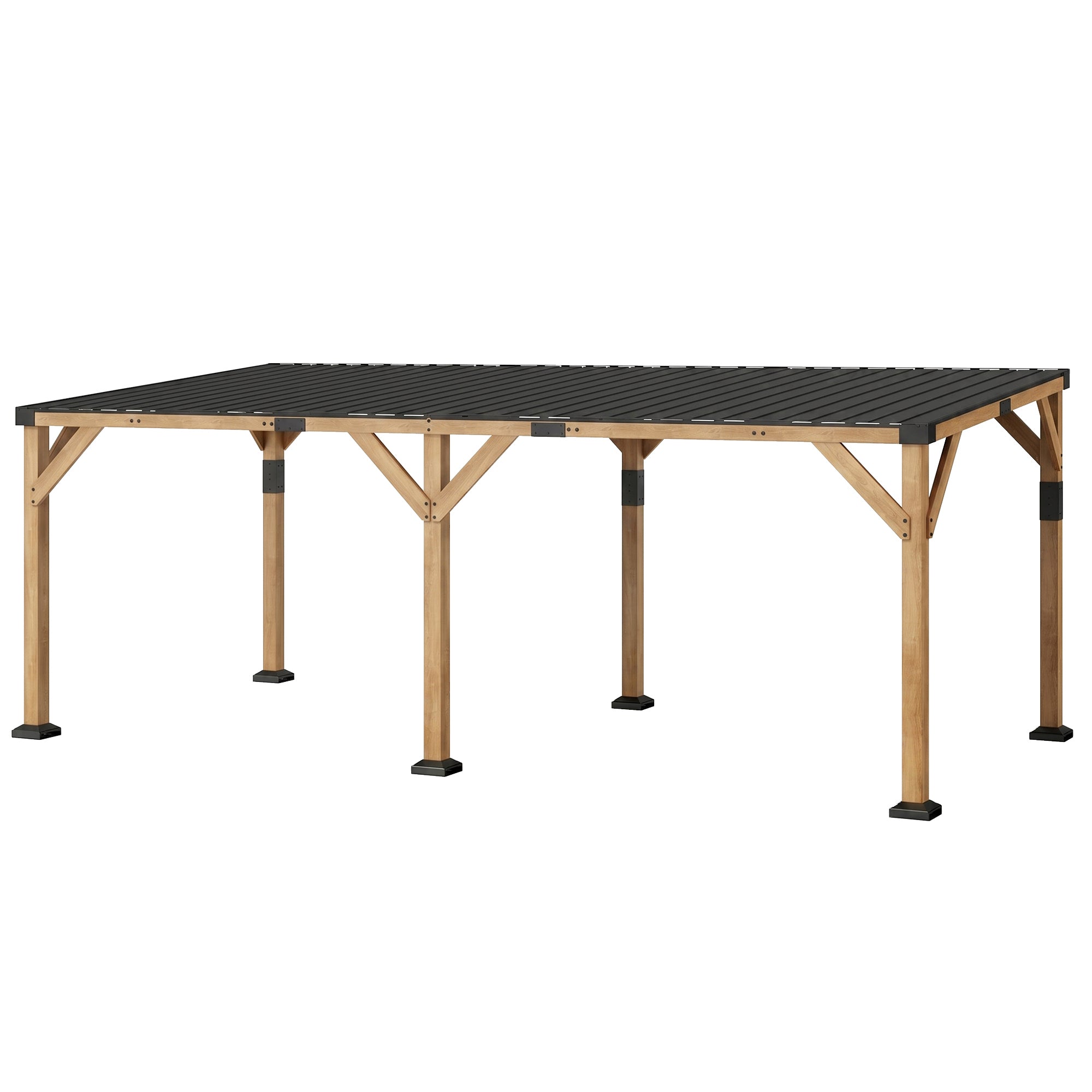 10' x 20' Wooden Gazebo, Hardtop Lean-to Gazebo Pergola with Galvanized Steel Sloped Roof, Light Walnut