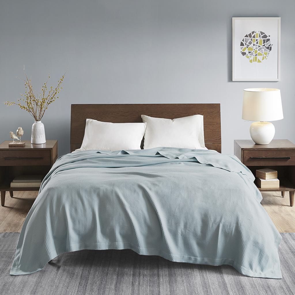 Machine Washable Egyptian Cotton Blanket with Breathable Weave, OEKO-TEX Certified, Ideal for Bedroom, 90" L x 66" W x 0.25" H, Light Blue