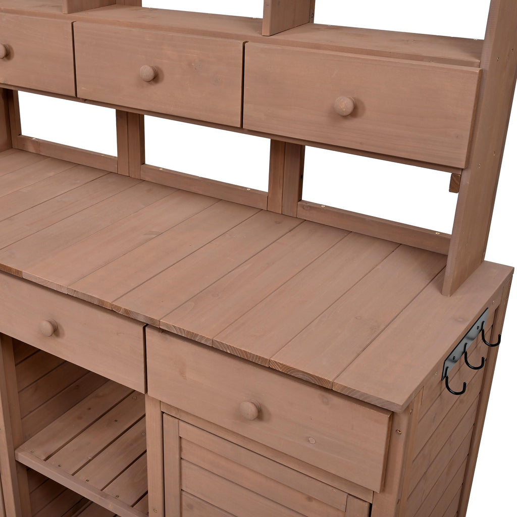 Tall Garden Potting Bench with Hutch & 6 Drawer, Wood Storage Workstation with 3 Shelf & 2 Cabinet, 50'' L x 20.5'' W x 65.5'' H, Brown