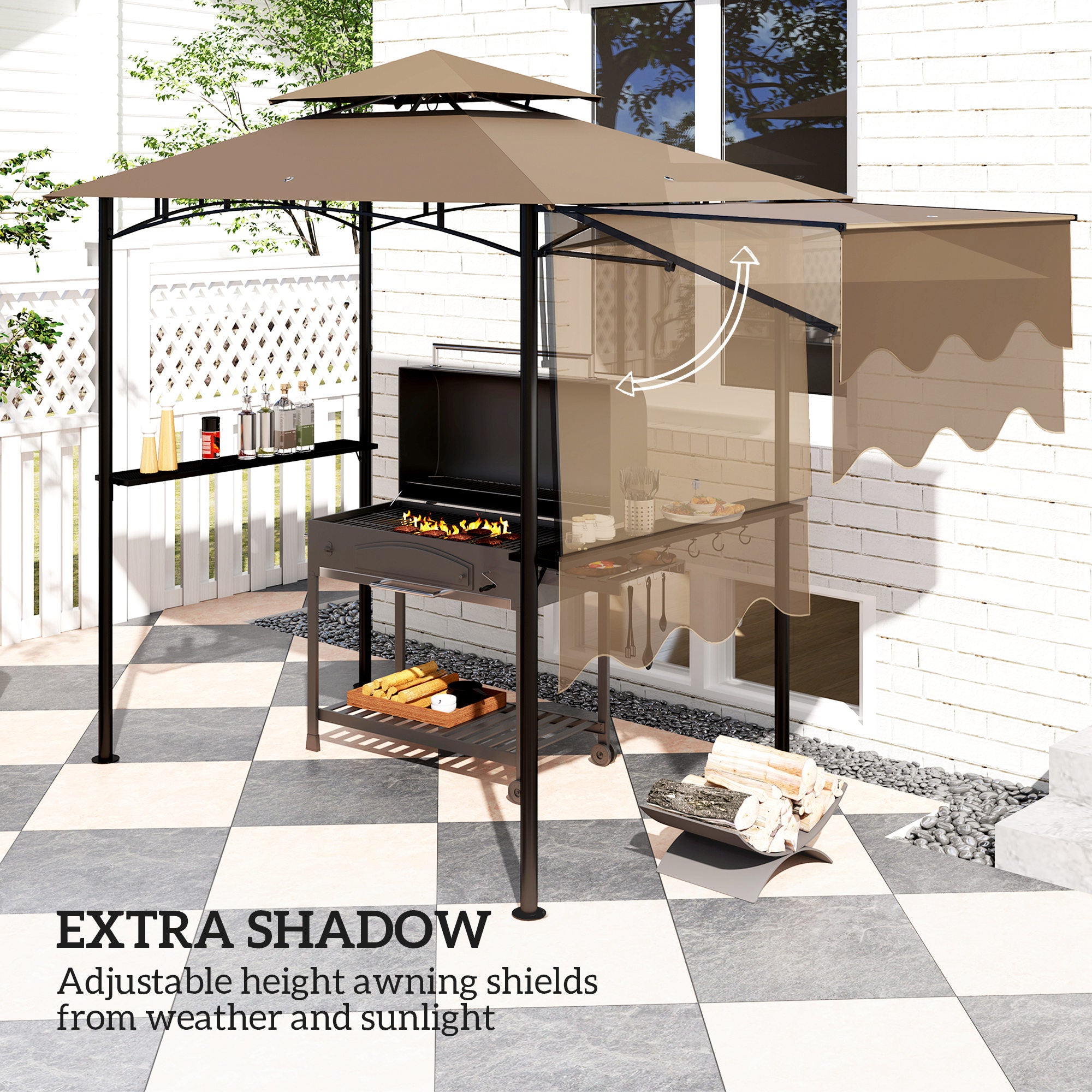 8' x 5' Outdoor Grill Gazebo, Barbecue Gazebo Shelter with Side Awning, 2 Side Shelves and 6 Hooks, Brown