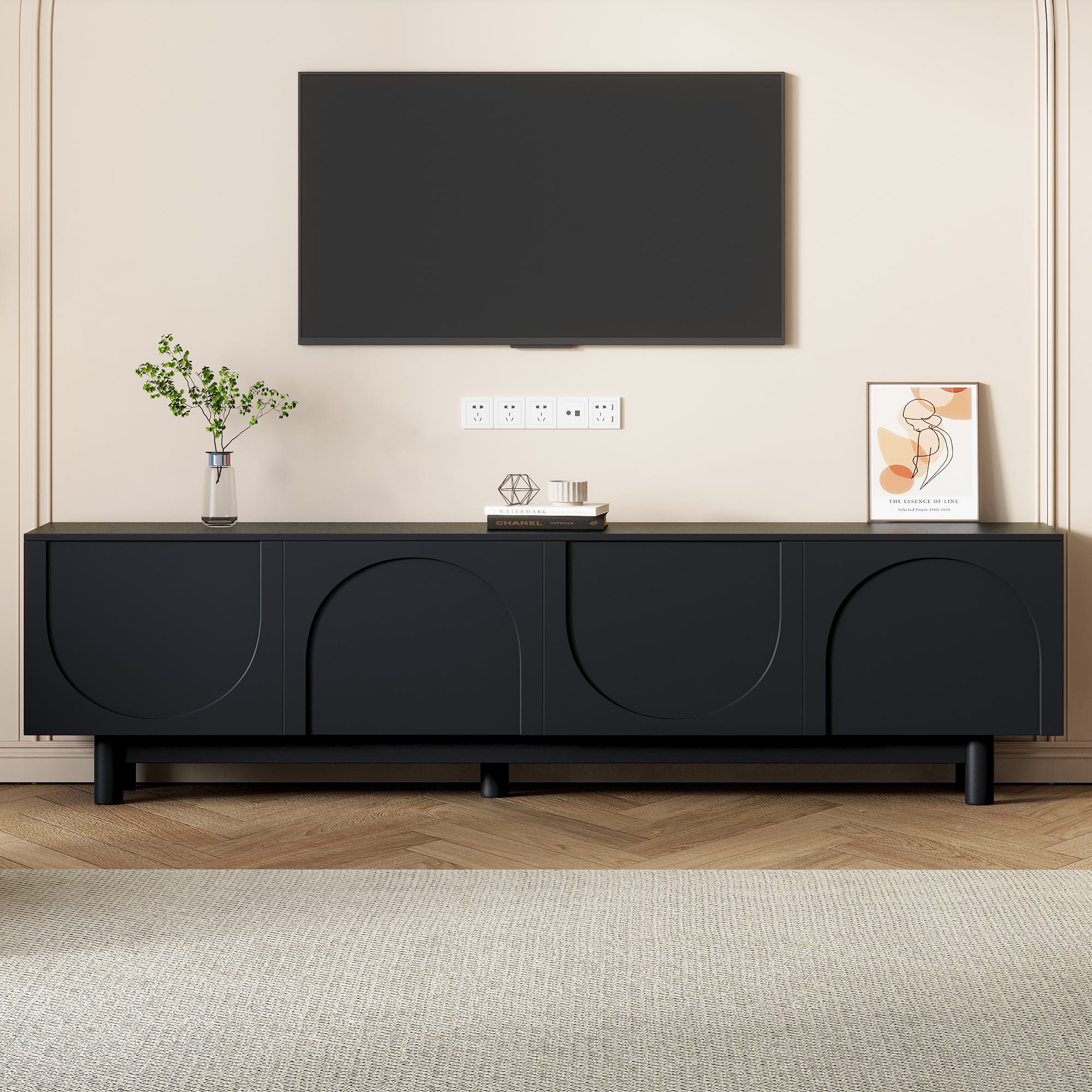 Graceful TV Stand with Arch Cabinets for TVs Up to 78", Minimalist Entertainment Center with Solid Wood Legs and Adjustable Shelves, Black