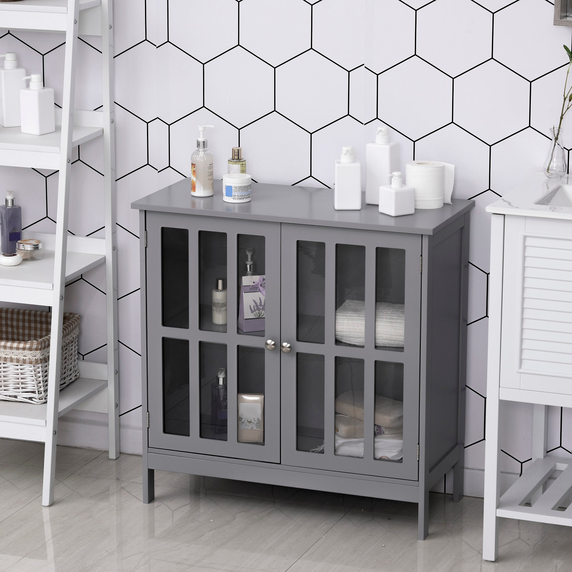 Contemporary Storage Cabinet, Cupboard Buffet Credenza with 2 Doors for Kitchen, Hallway, Living Room, Gray