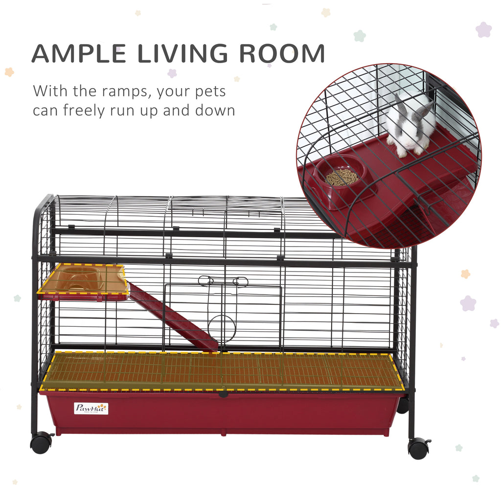 41"L Small Animal Cage, Pet Play House for Rabbit Hutch Ferret with Feeder, Rolling Wheels, Platform, Ramp