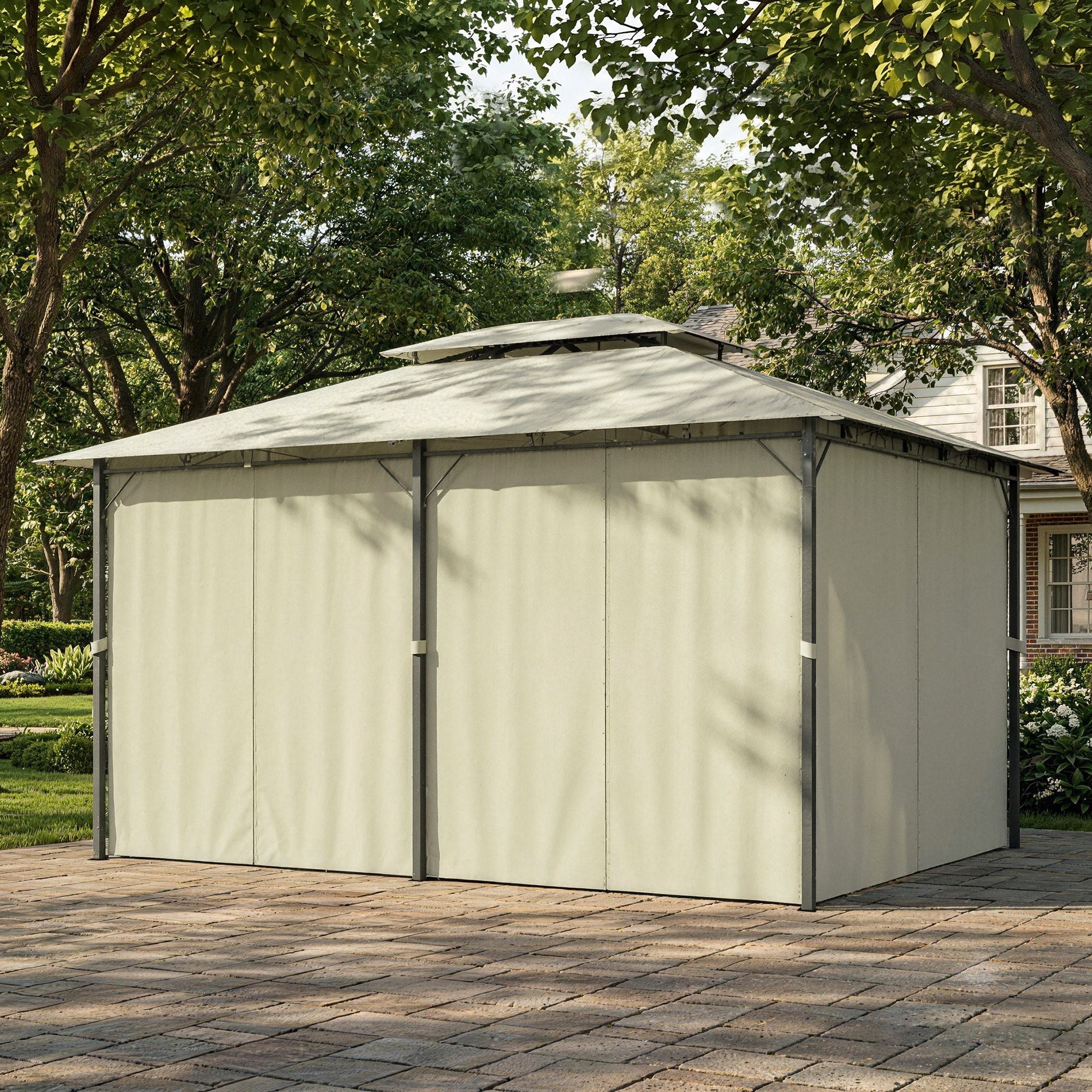 10' x 13' Patio Gazebo, Outdoor Gazebo Canopy Shelter with Curtains, Vented Roof, Steel Frame for Garden, Lawn, Backyard and Deck, Cream White