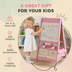 Art Easel for Kids, Double-Sided Whiteboard & Chalkboard with Paper Roll, Storage Baskets for Toddlers Ages 3-8, Pink
