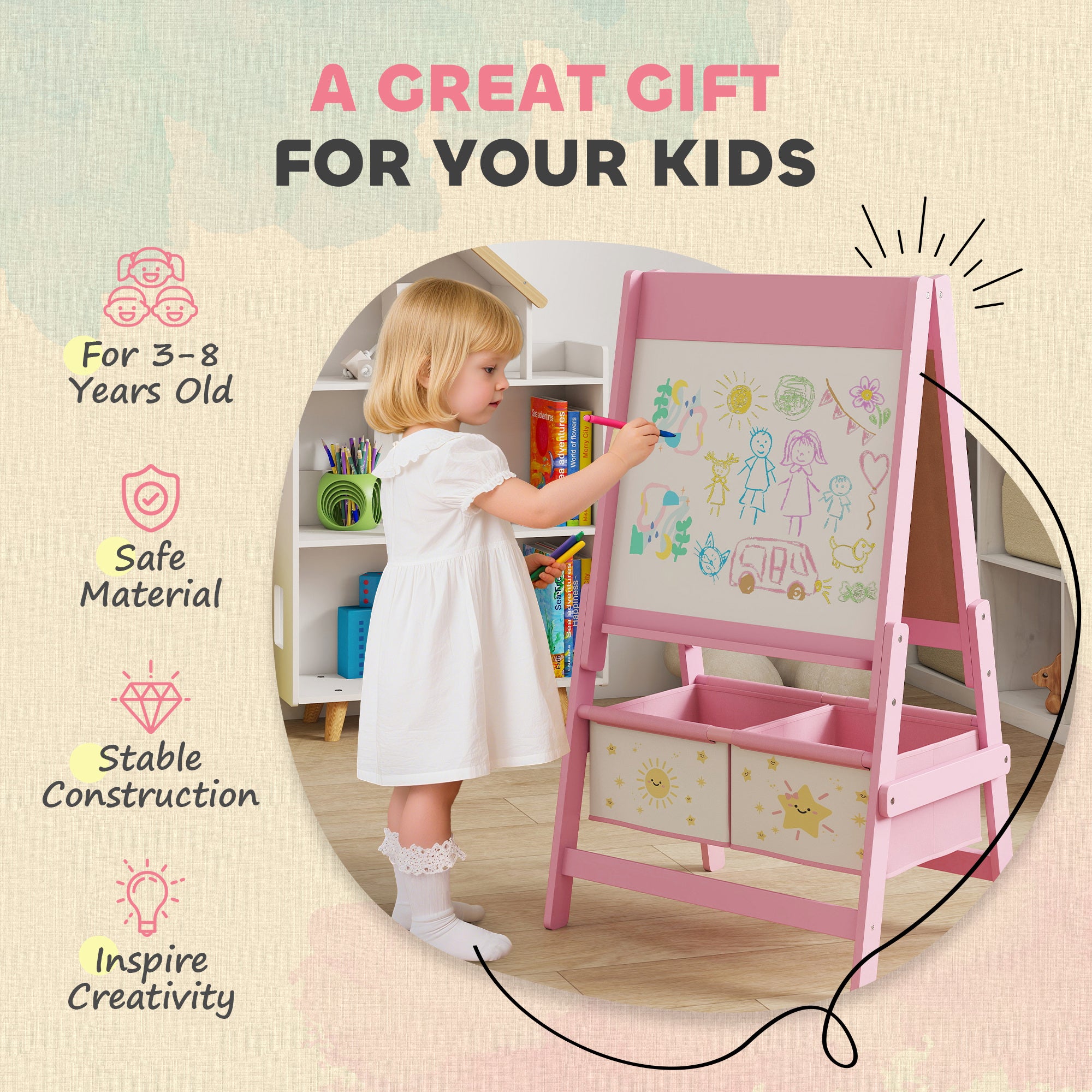 Art Easel for Kids, Double-Sided Whiteboard & Chalkboard with Paper Roll, Storage Baskets for Toddlers Ages 3-8, Pink