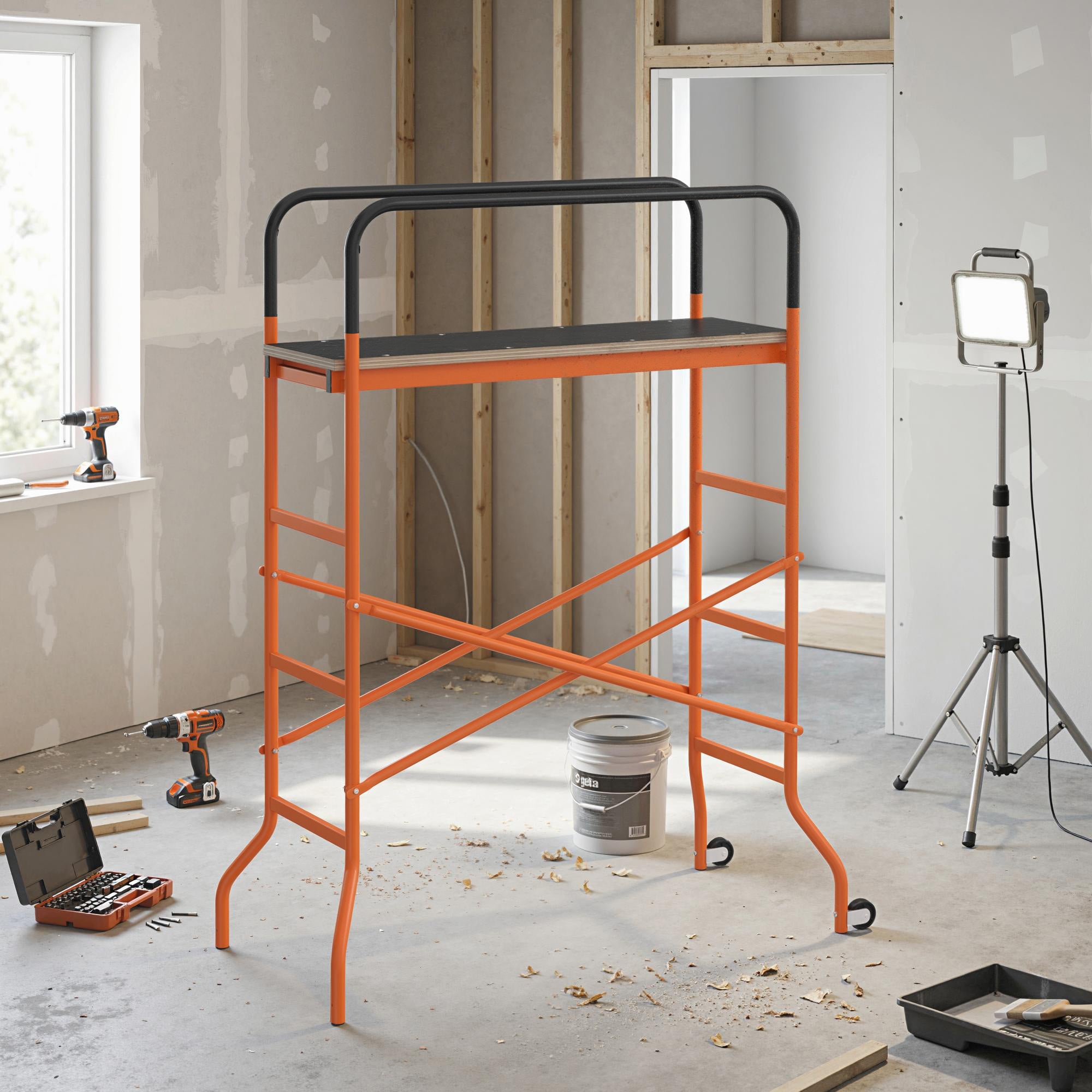 Scaffolding Work Platform, Rolling Scaffolding with Wheels, Scaffold for Building Construction, Orange