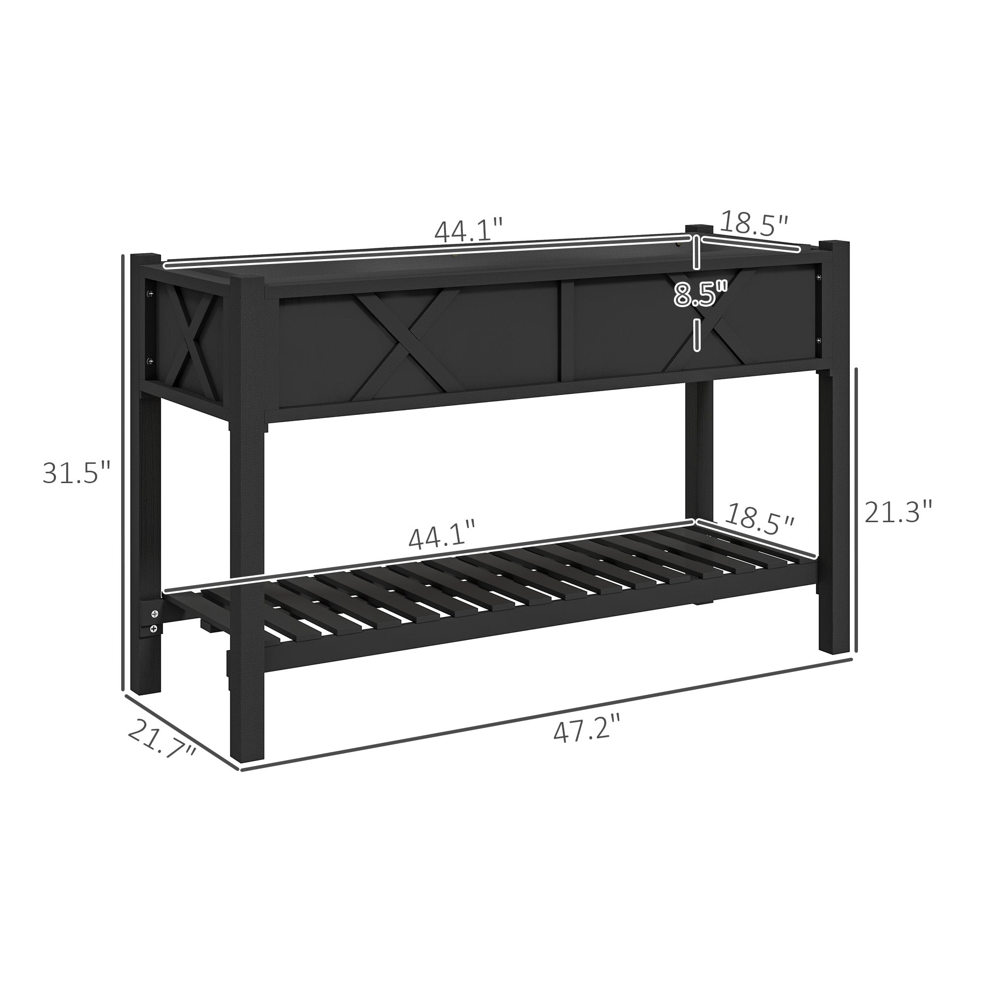 Raised Garden Bed, 47 x 22 x 31.5 in. Elevated Wood Planter Box with Storage Shelf, Drainage Holes, and Liner, Black