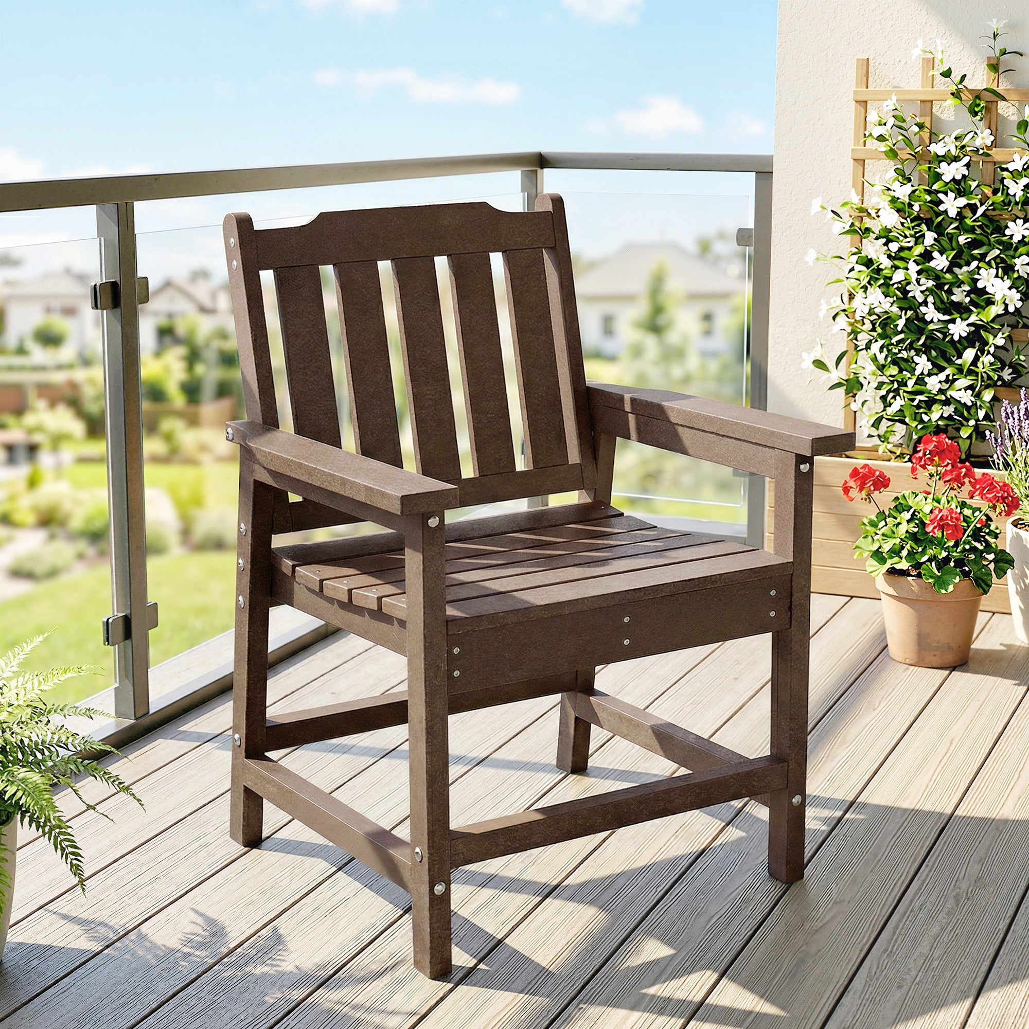 All-Weather Patio Chair, HDPE Patio Dining Chair, Heavy Duty Wood-Like Outdoor Furniture for Garden, Backyard, Deck, Porch, Lawn, Brown
