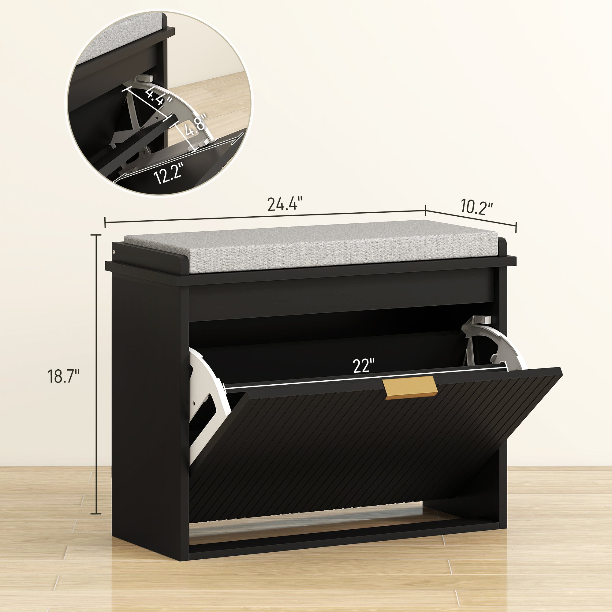 Shoe Storage Bench with Padded Seat Cushion and Flip-Drawer, Entryway Bench, Shoe Cabinet, 24.4x10.2x18.7 Inches, Black