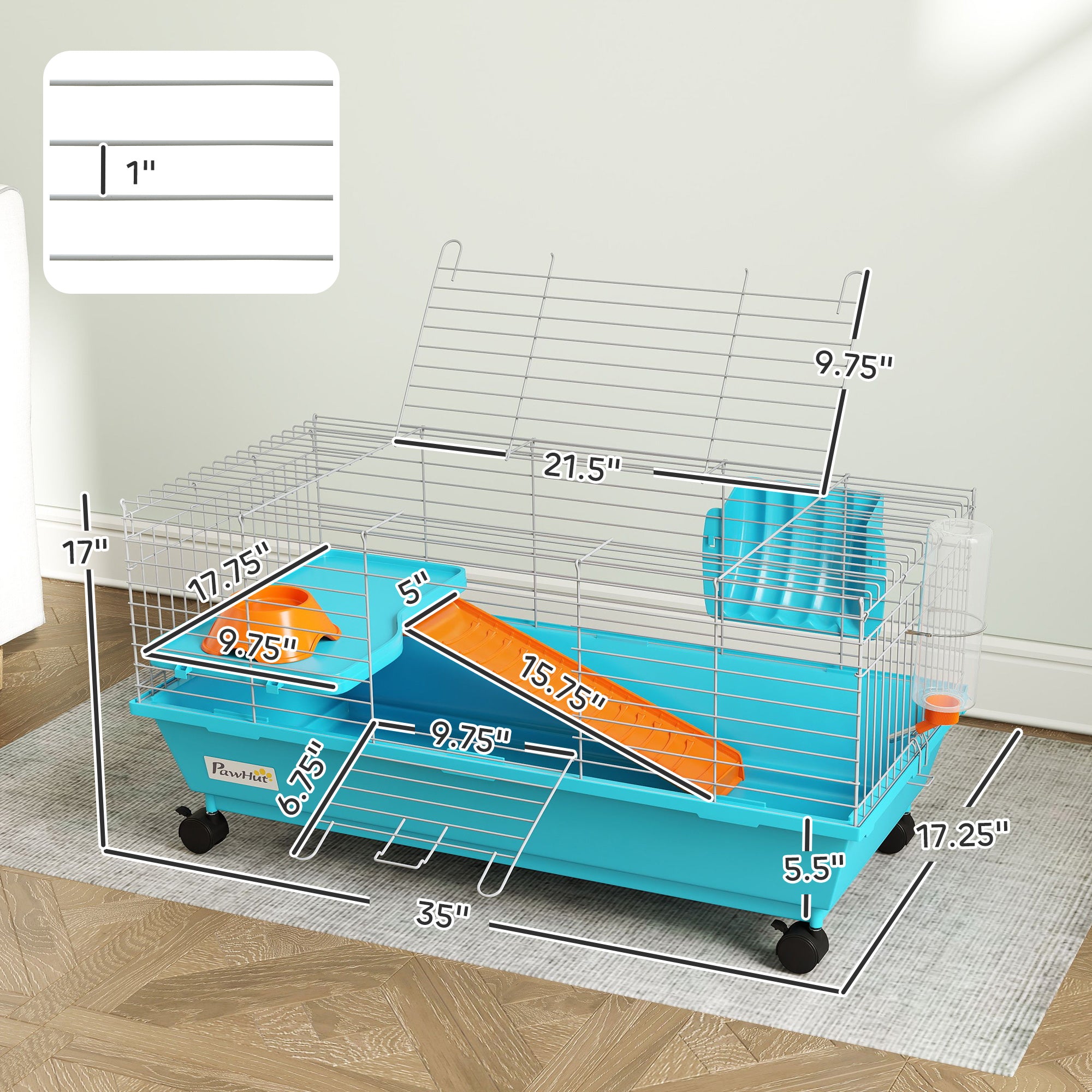 35"L Small Animal Cage, Rolling Bunny Cage, Guinea Pig Cage with Wheels, Food Dish, Water Bottle, Hay Feeder, Blue