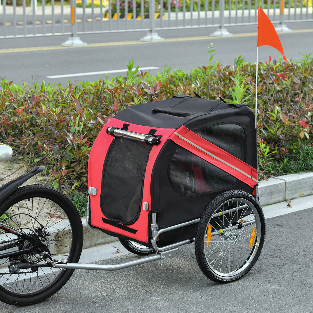 Dog Bike Trailer, Pet Wagon Bicycle Trailer with Easy Folding Cart Frame, 20" Large Rubber Wheels, 3 Entrances, Mesh Screen, Pet Bike Trailer for Off-Road & Travel, Red and Black
