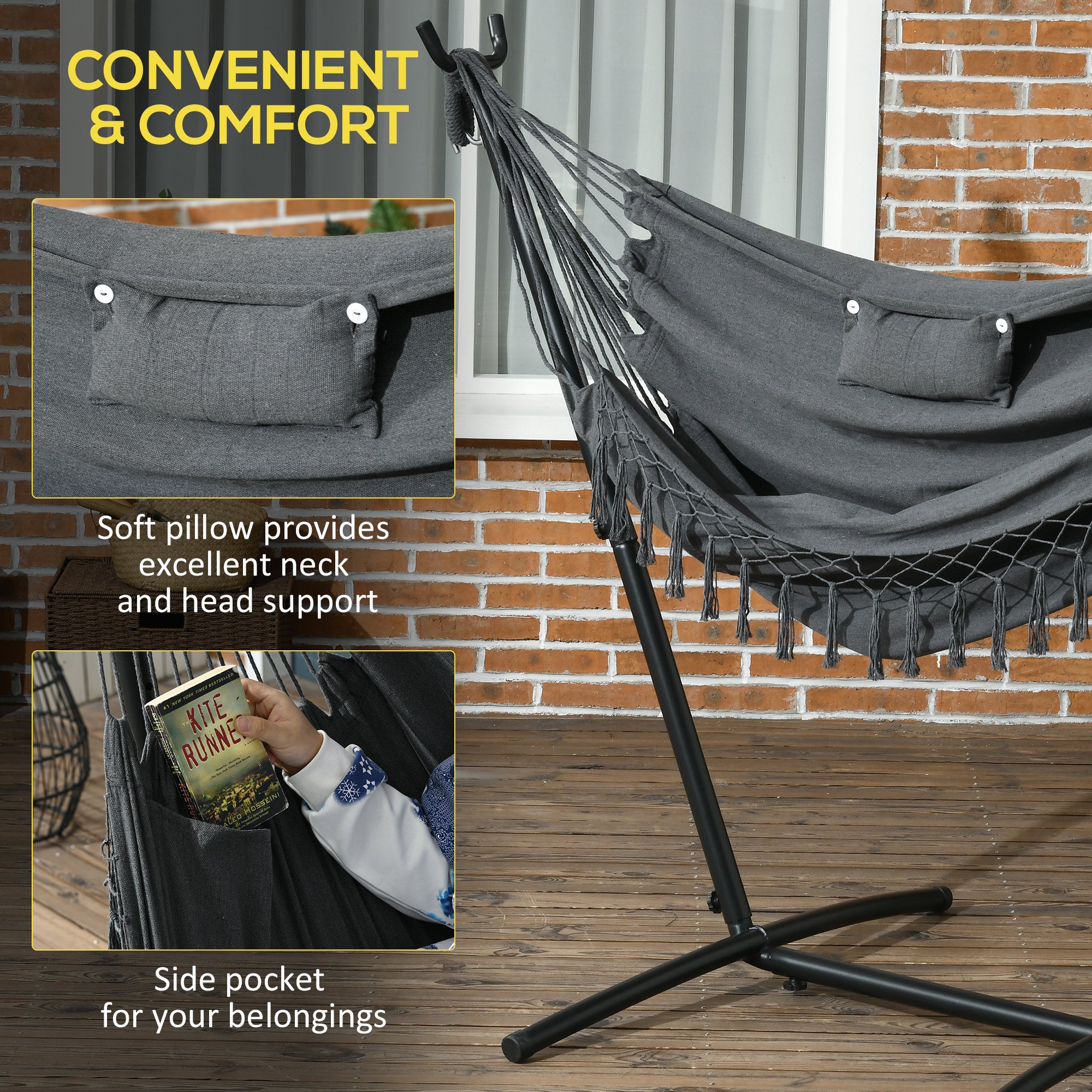 U Shape Stand Hammock Chair, Headrest Include Hammock Swing, Dark Gray