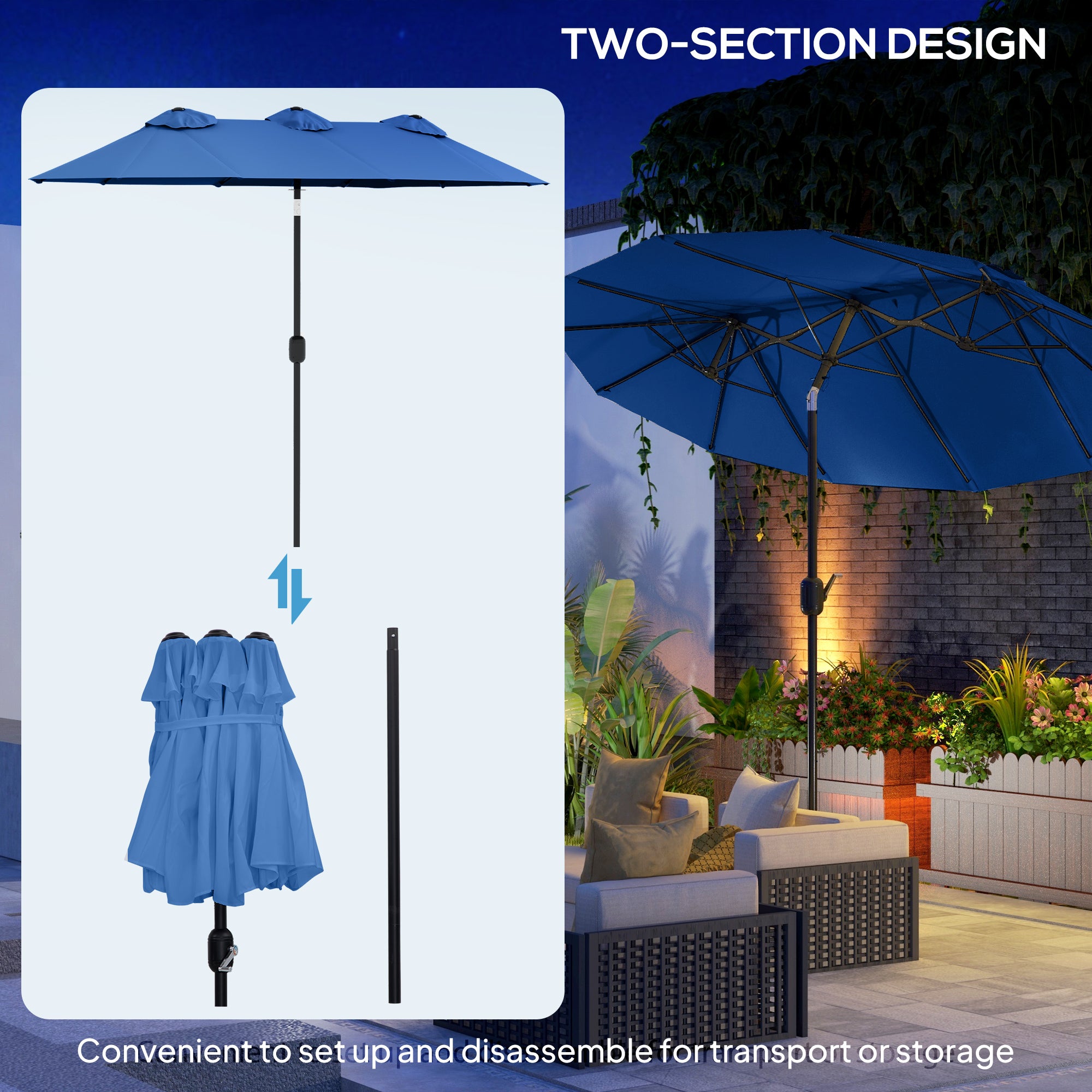 Double-sided Patio Umbrella, 9.5' Outdoor Umbrella with Push Button Tilt and Crank, 3 Air Vents and 12 Ribs, Navy Blue